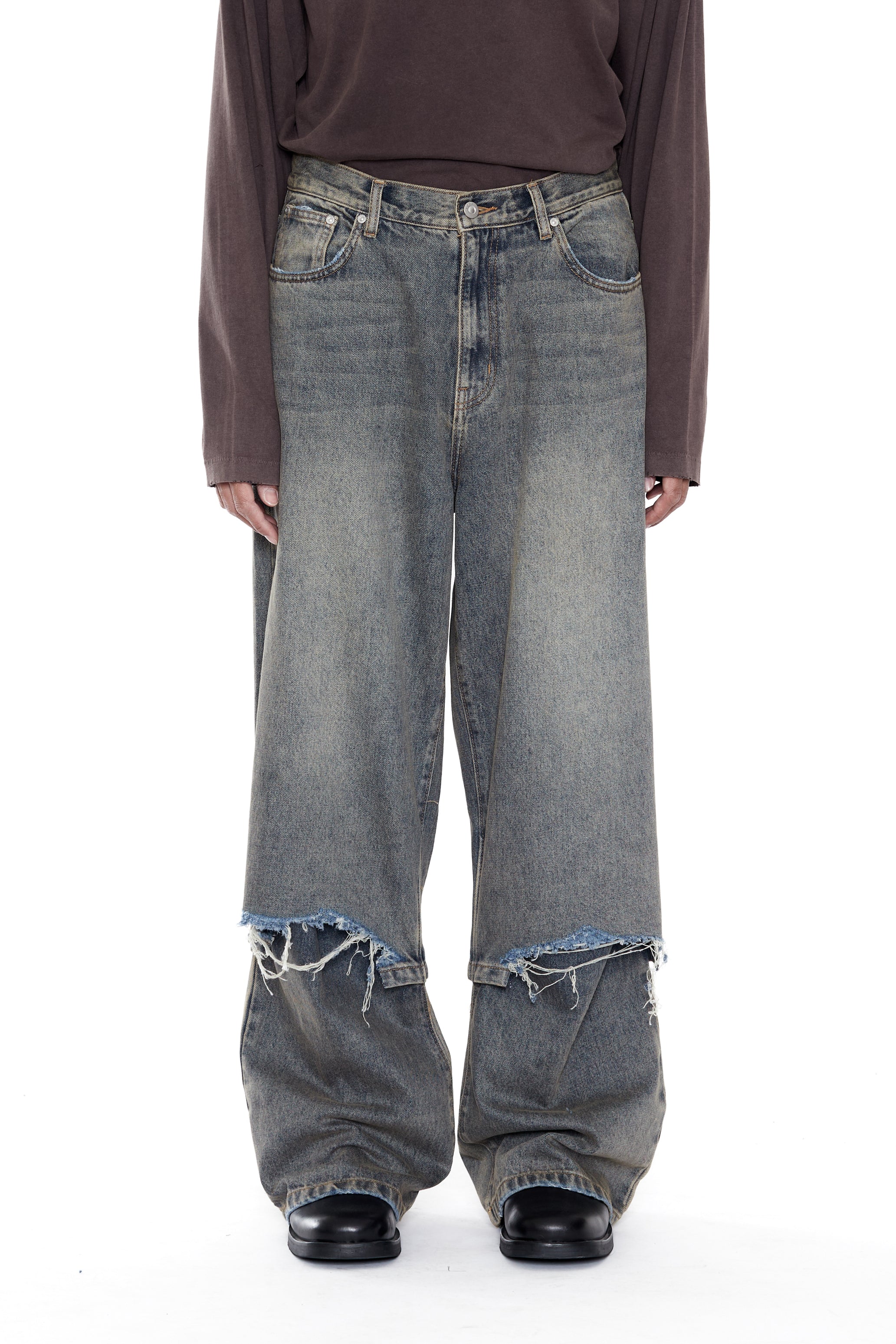 GREY ACID WASH LAYERED HYBRID JEANS