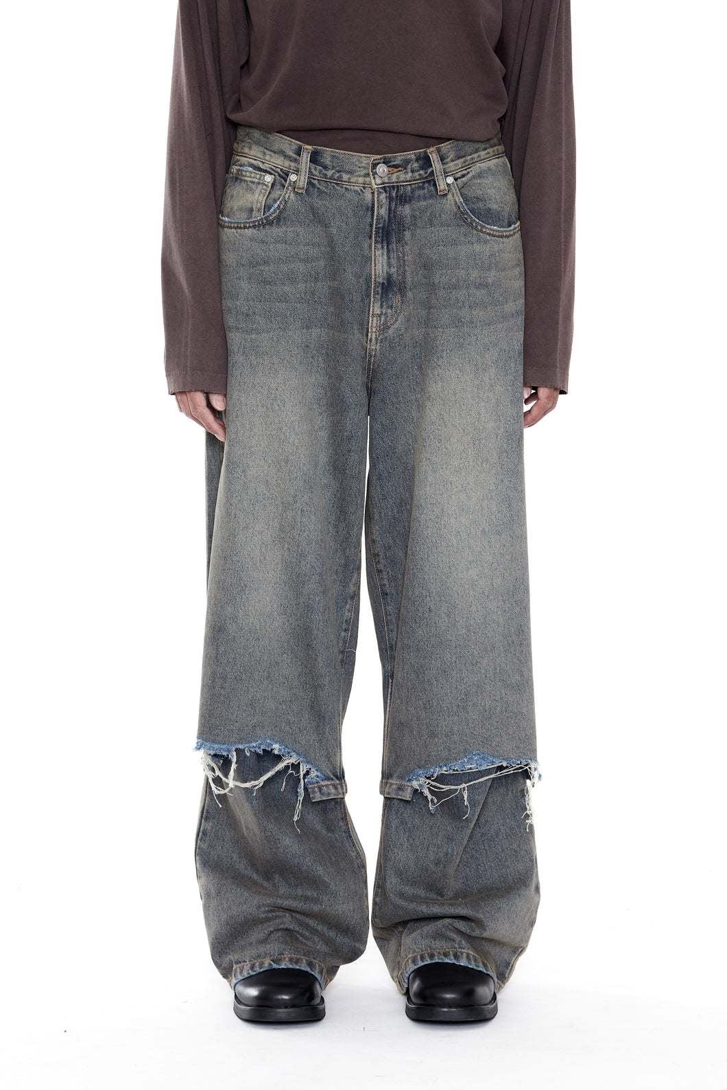 GREY ACID WASH LAYERED HYBRID JEANS