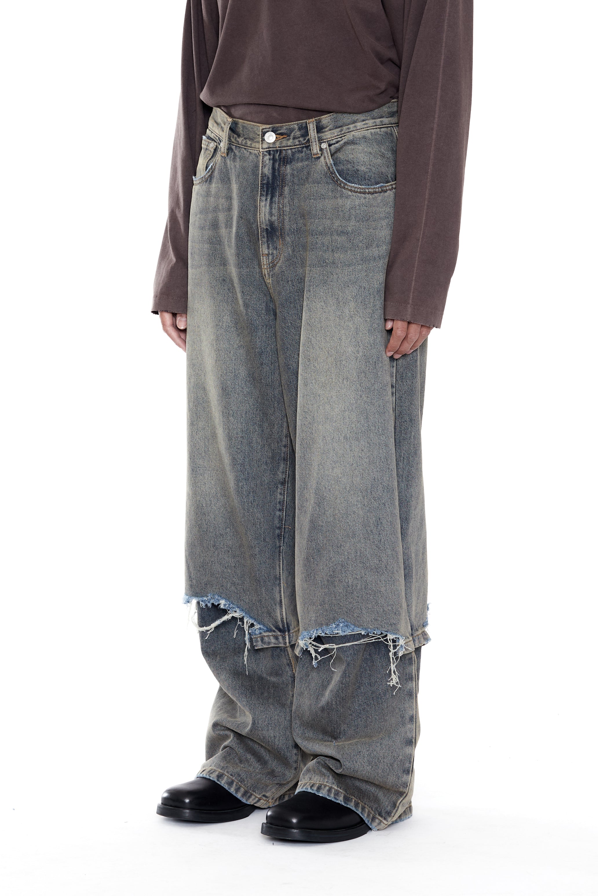 GREY ACID WASH LAYERED HYBRID JEANS