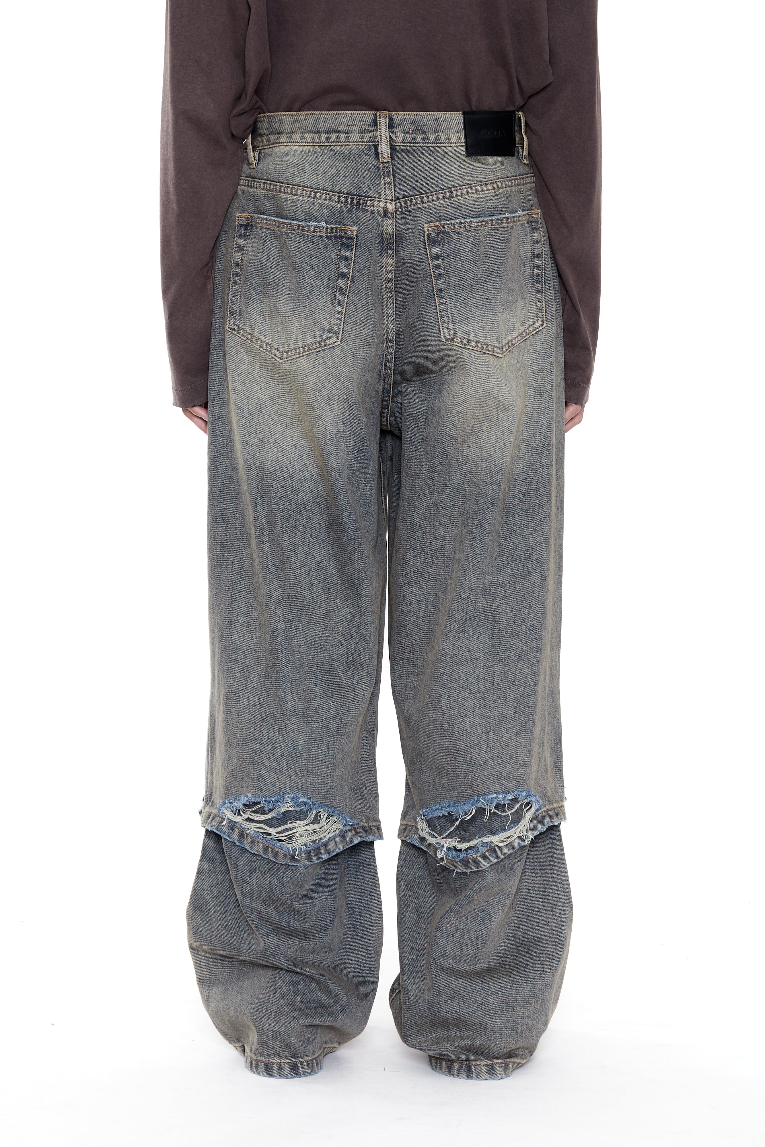 Load image into Gallery viewer, GREY ACID WASH LAYERED HYBRID JEANS
