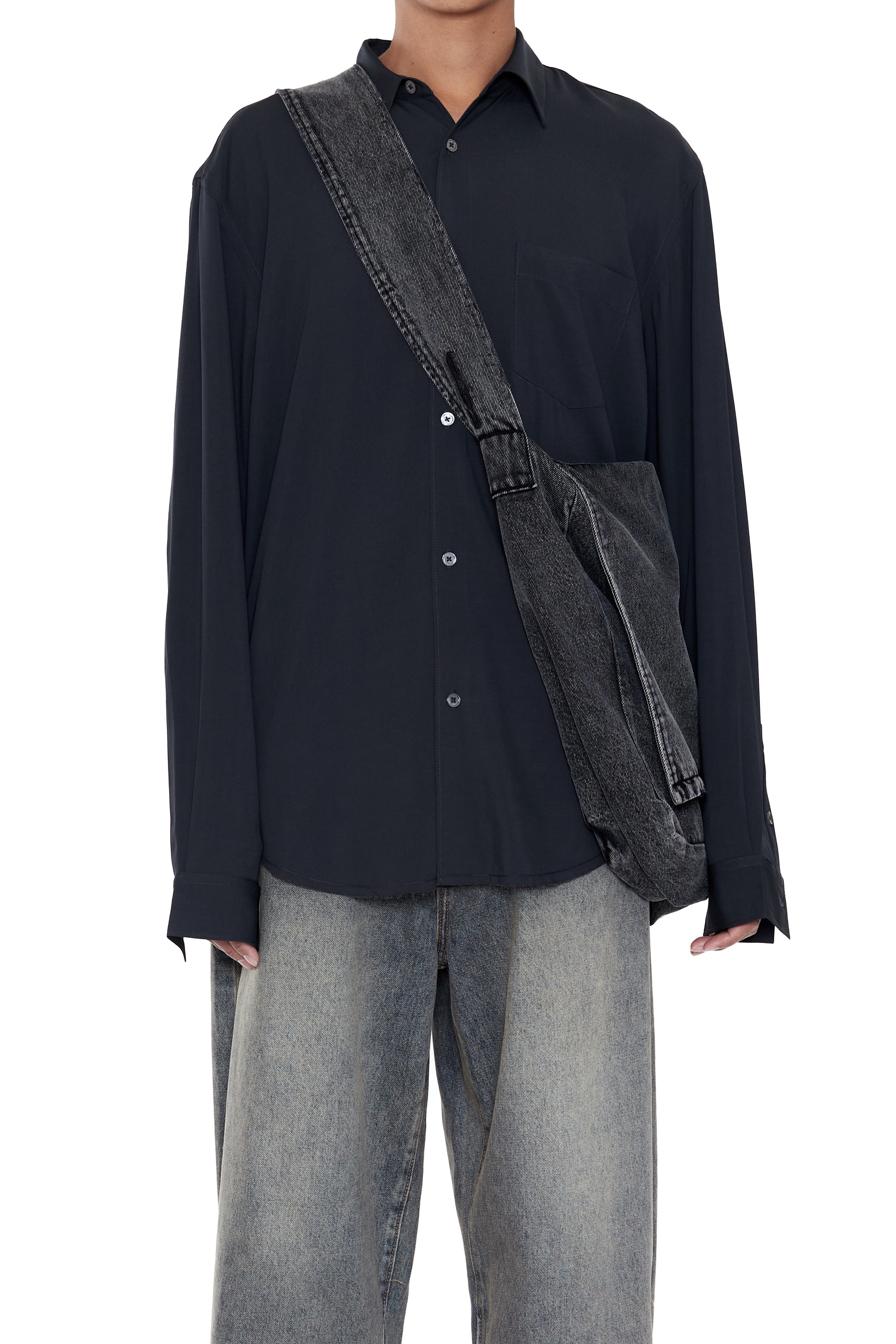 BLACK ACID WASH DENIM CROSS BODY BAG