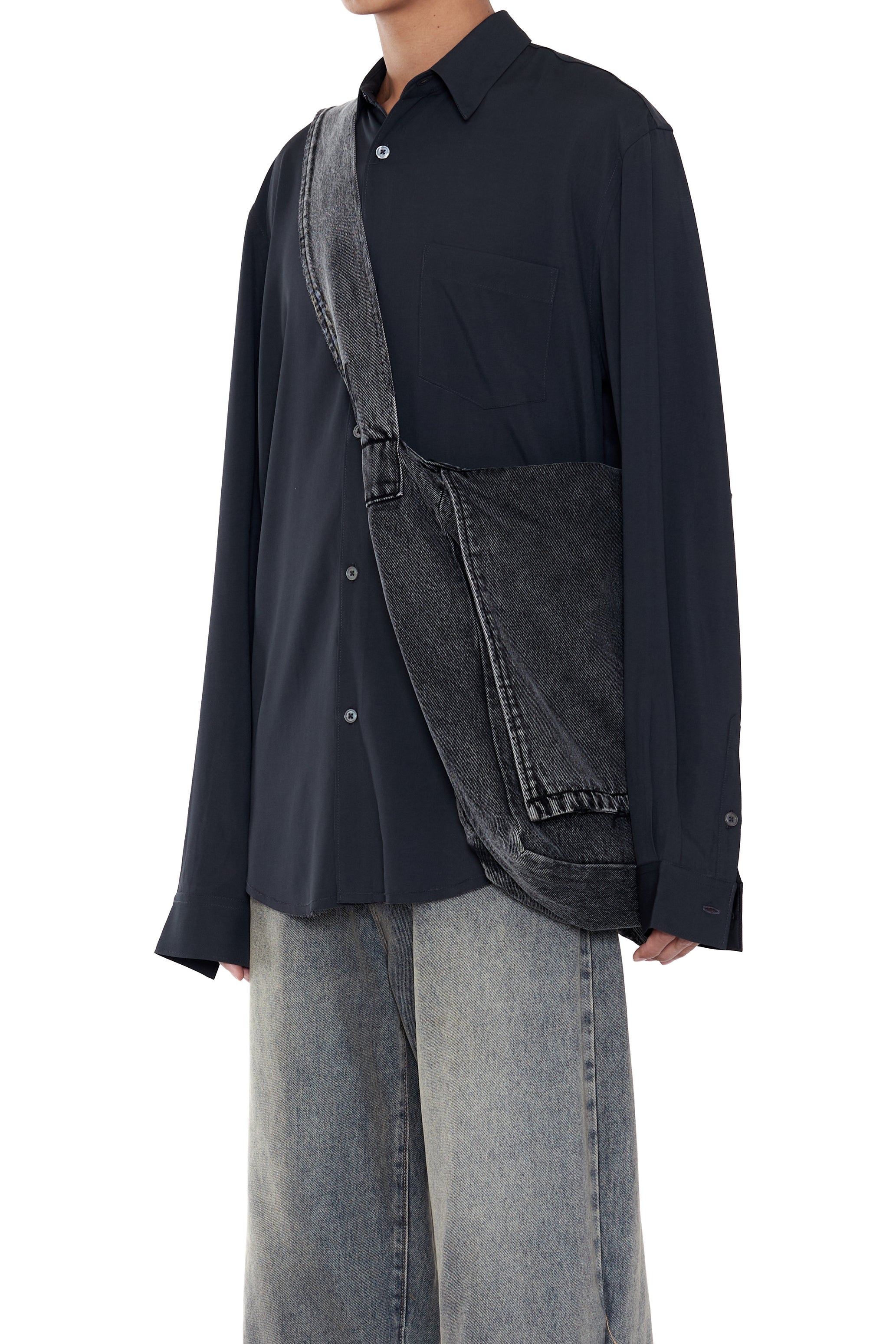 BLACK ACID WASH DENIM CROSS BODY BAG