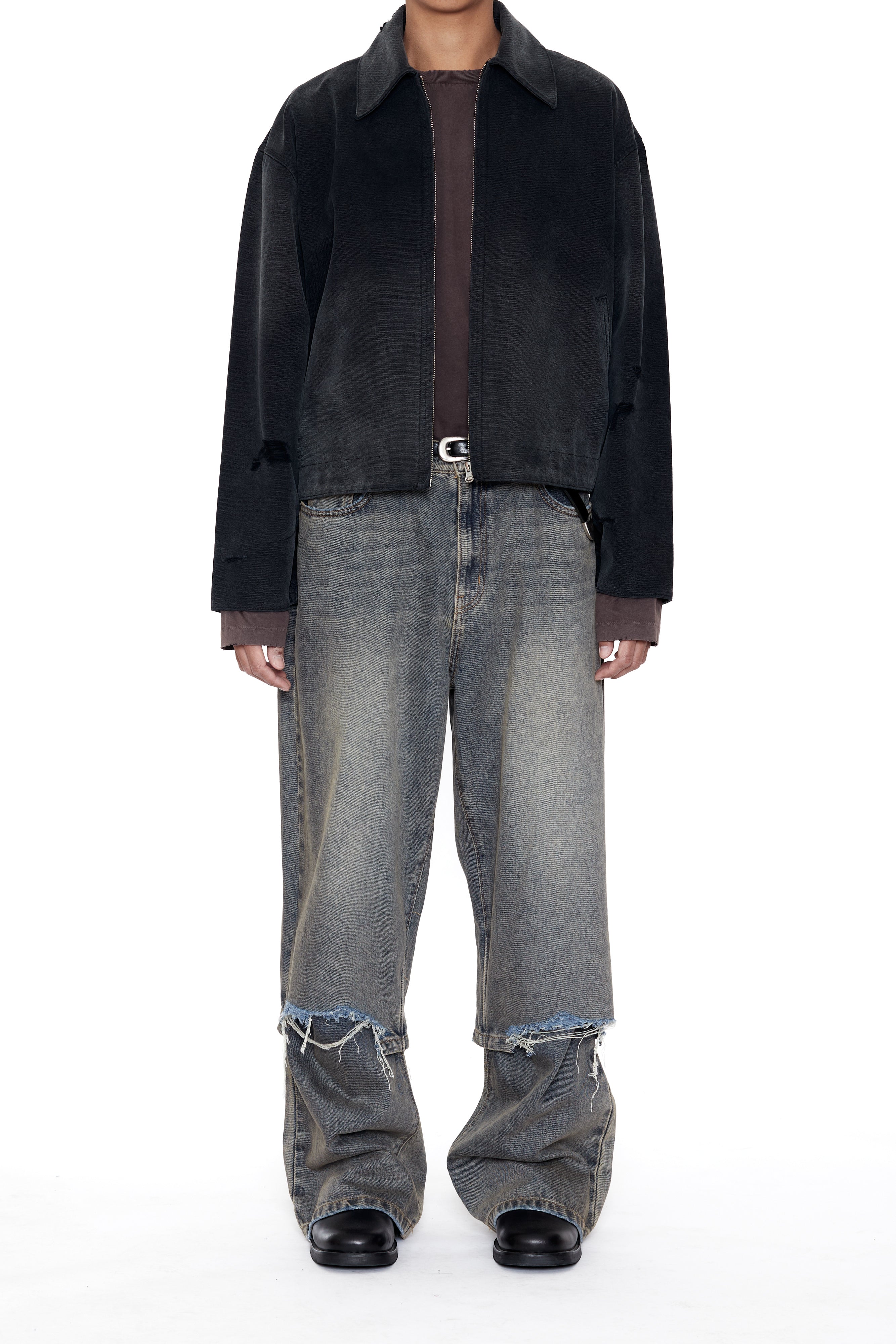 Load image into Gallery viewer, GREY ACID WASH LAYERED HYBRID JEANS
