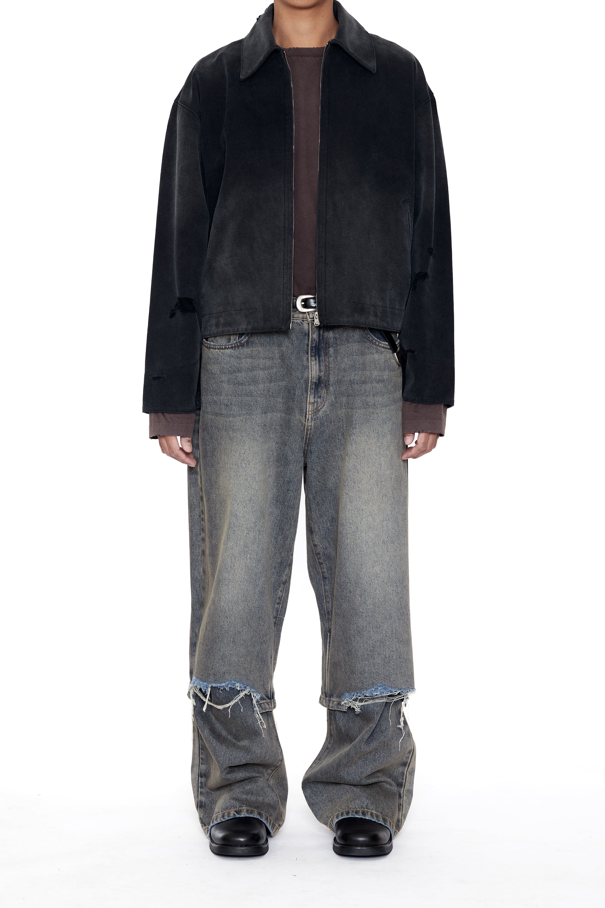 GREY ACID WASH LAYERED HYBRID JEANS