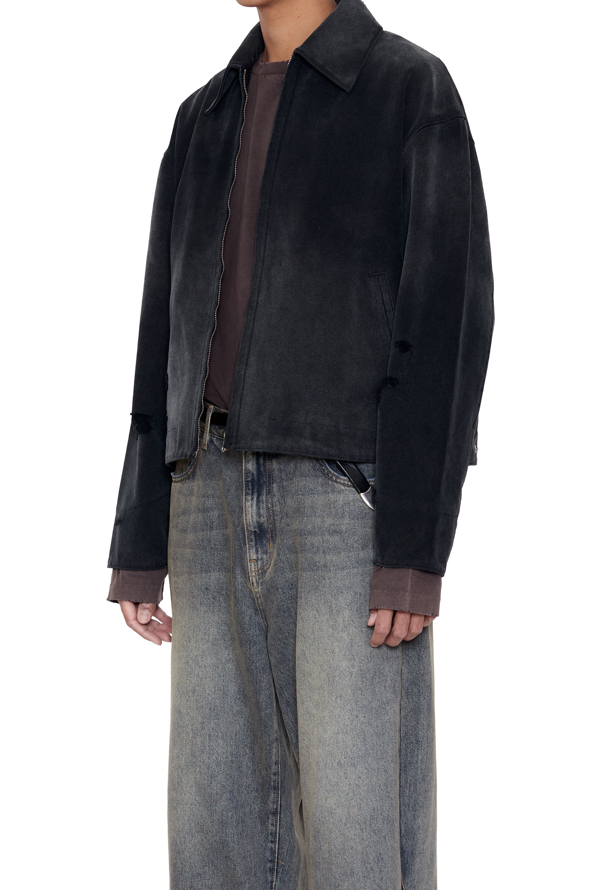 FADED BLACK DAMAGED CANVAS CREW JACKET