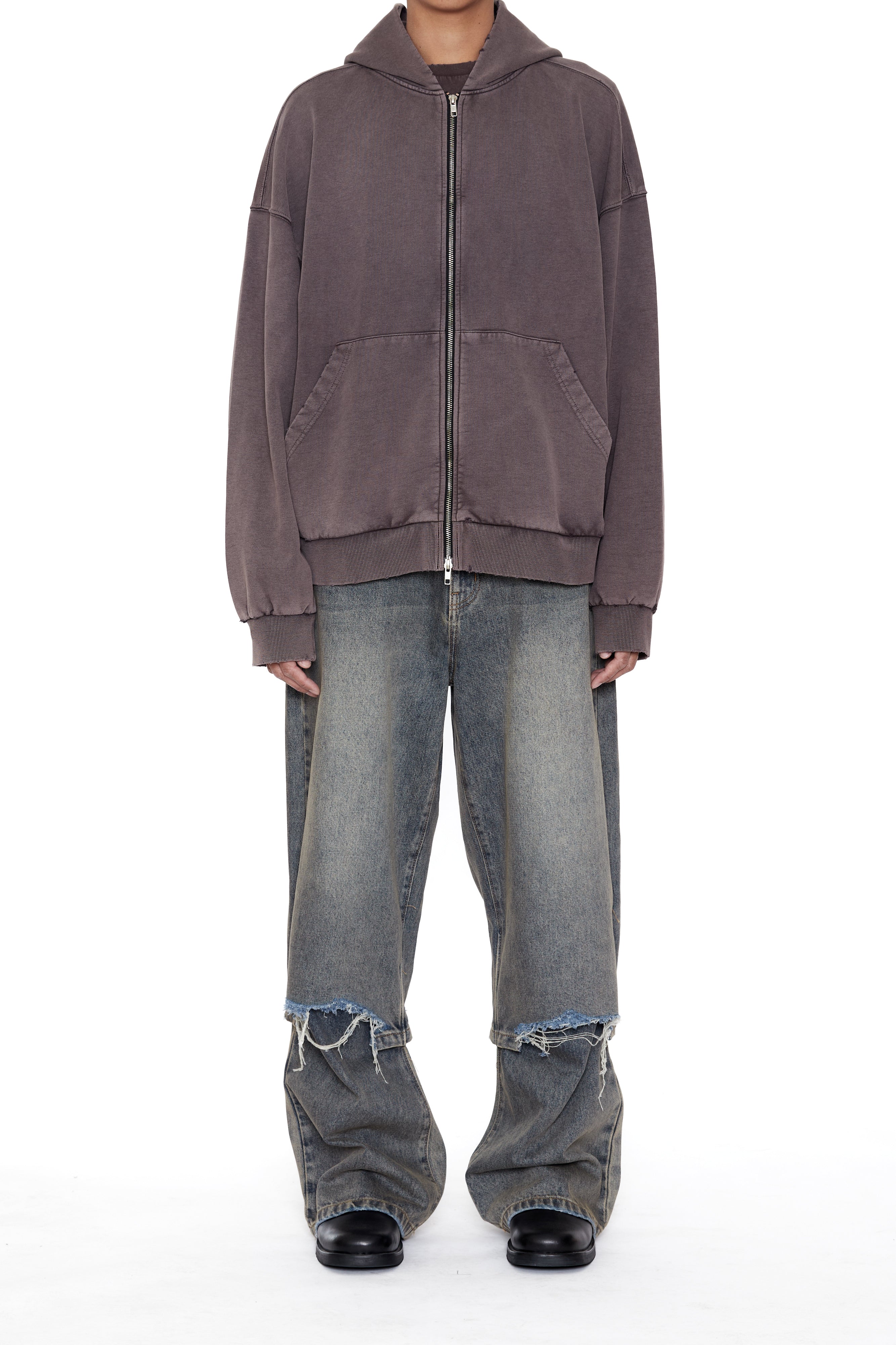 Load image into Gallery viewer, BROWN WASHED DISTRESSED ZIP UP HOODIE
