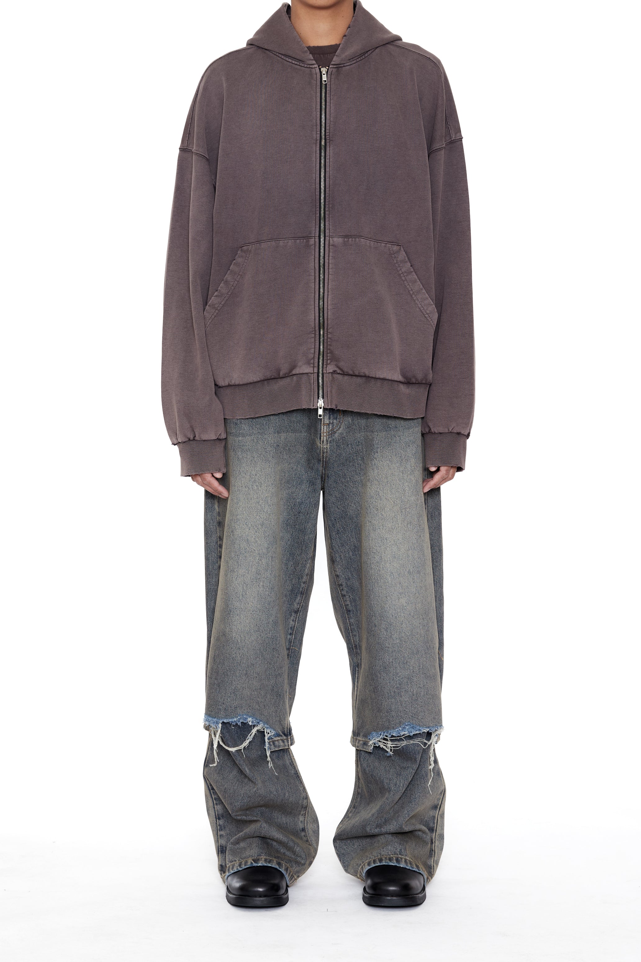 BROWN WASHED DISTRESSED ZIP UP HOODIE