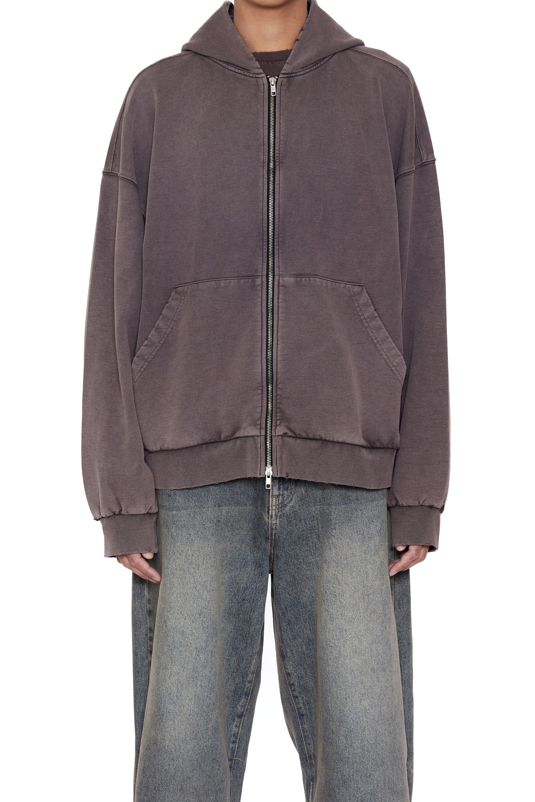 BROWN WASHED DISTRESSED ZIP UP HOODIE