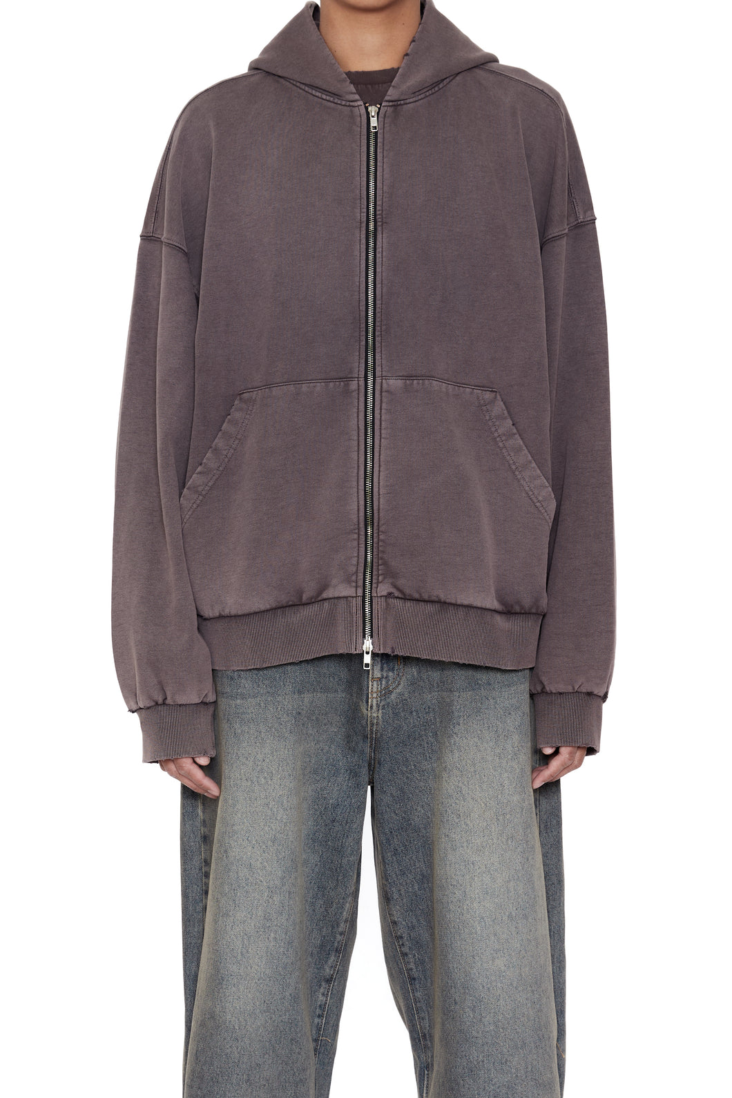 BROWN WASHED DISTRESSED ZIP UP HOODIE