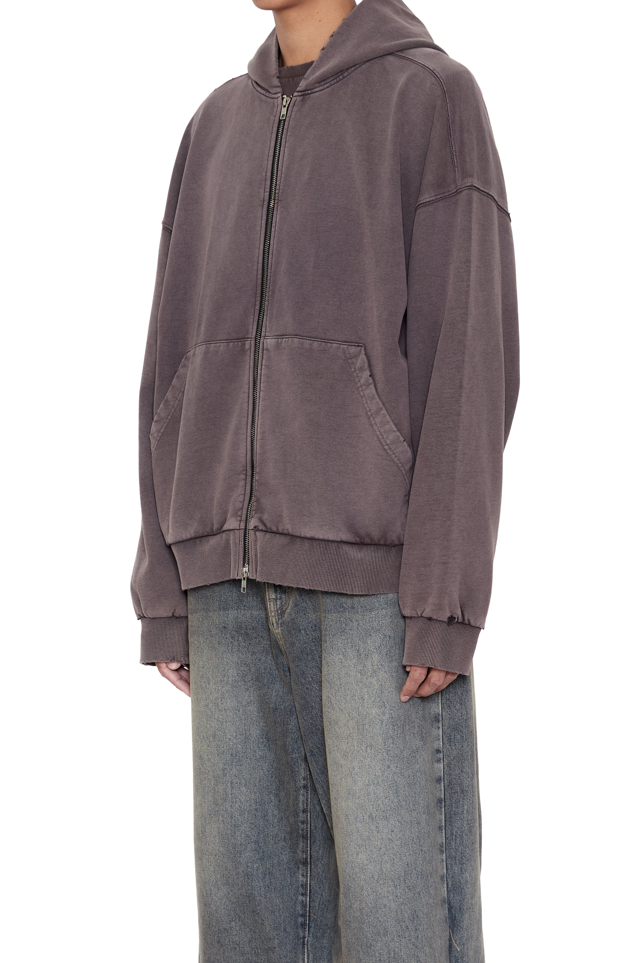 BROWN WASHED DISTRESSED ZIP UP HOODIE