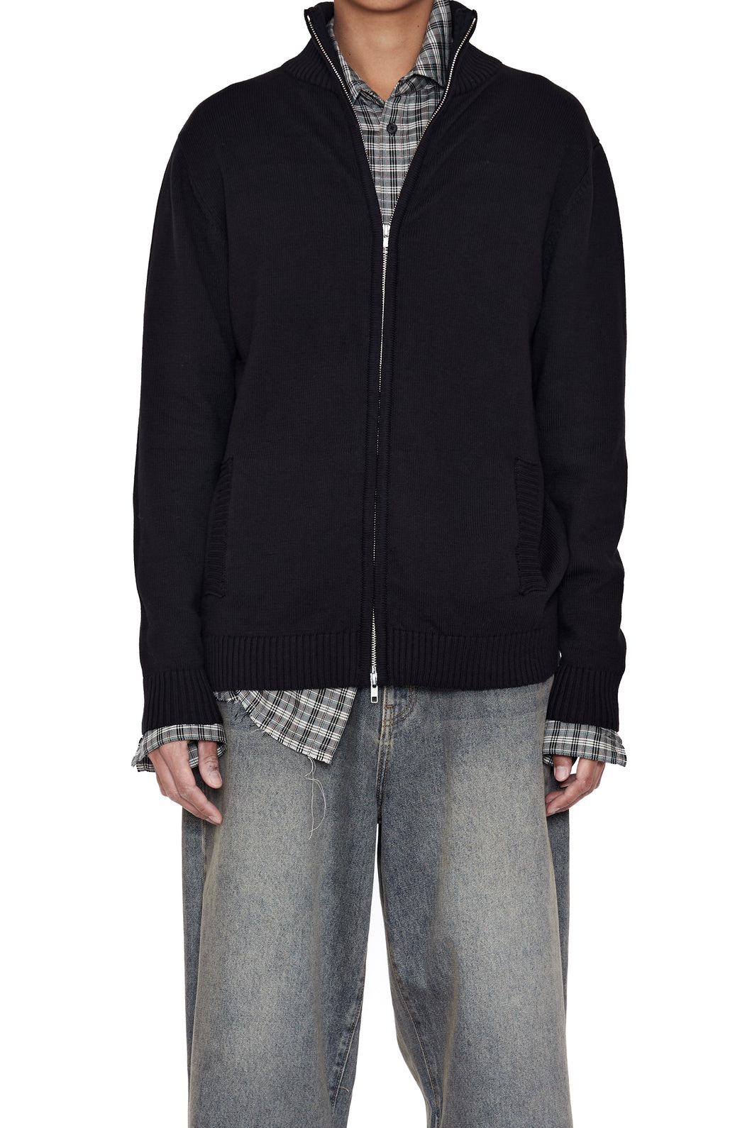 BLACK KNIT SHRUNKEN ZIP TRACK JACKET