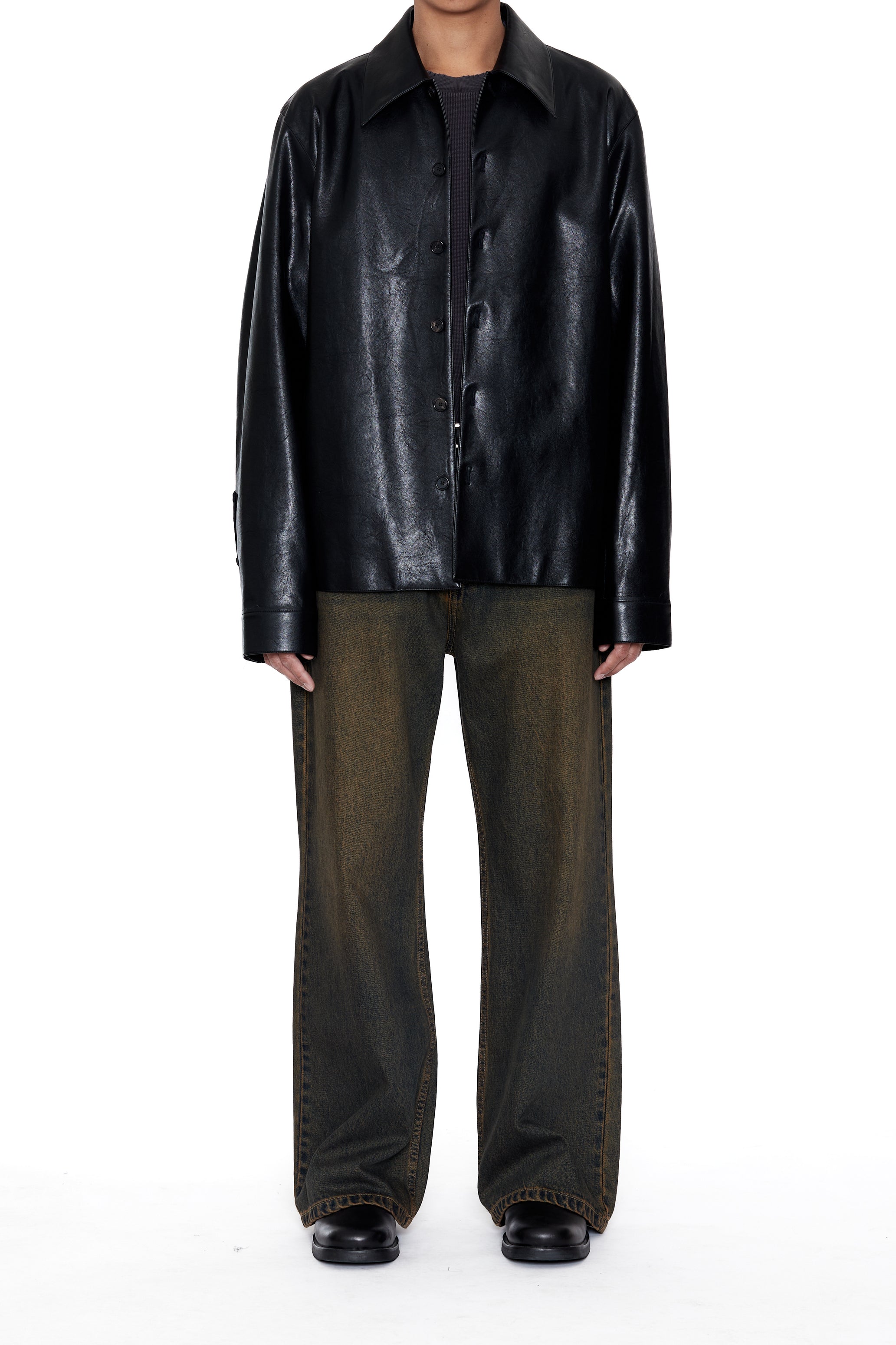 BLACK SYNTHETIC LEATHER CUT OUT TIERED JACKET