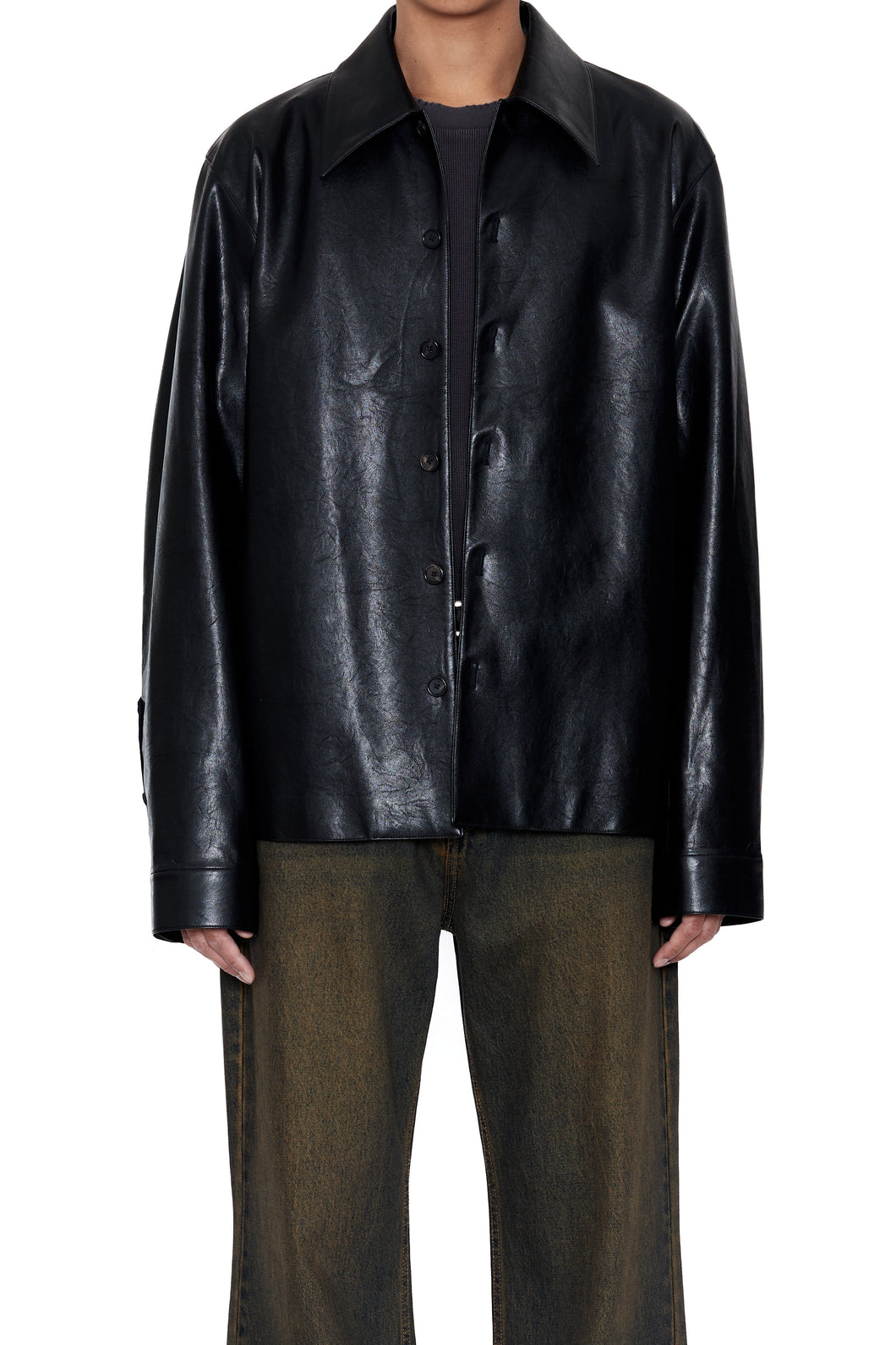 BLACK SYNTHETIC LEATHER CUT OUT TIERED JACKET