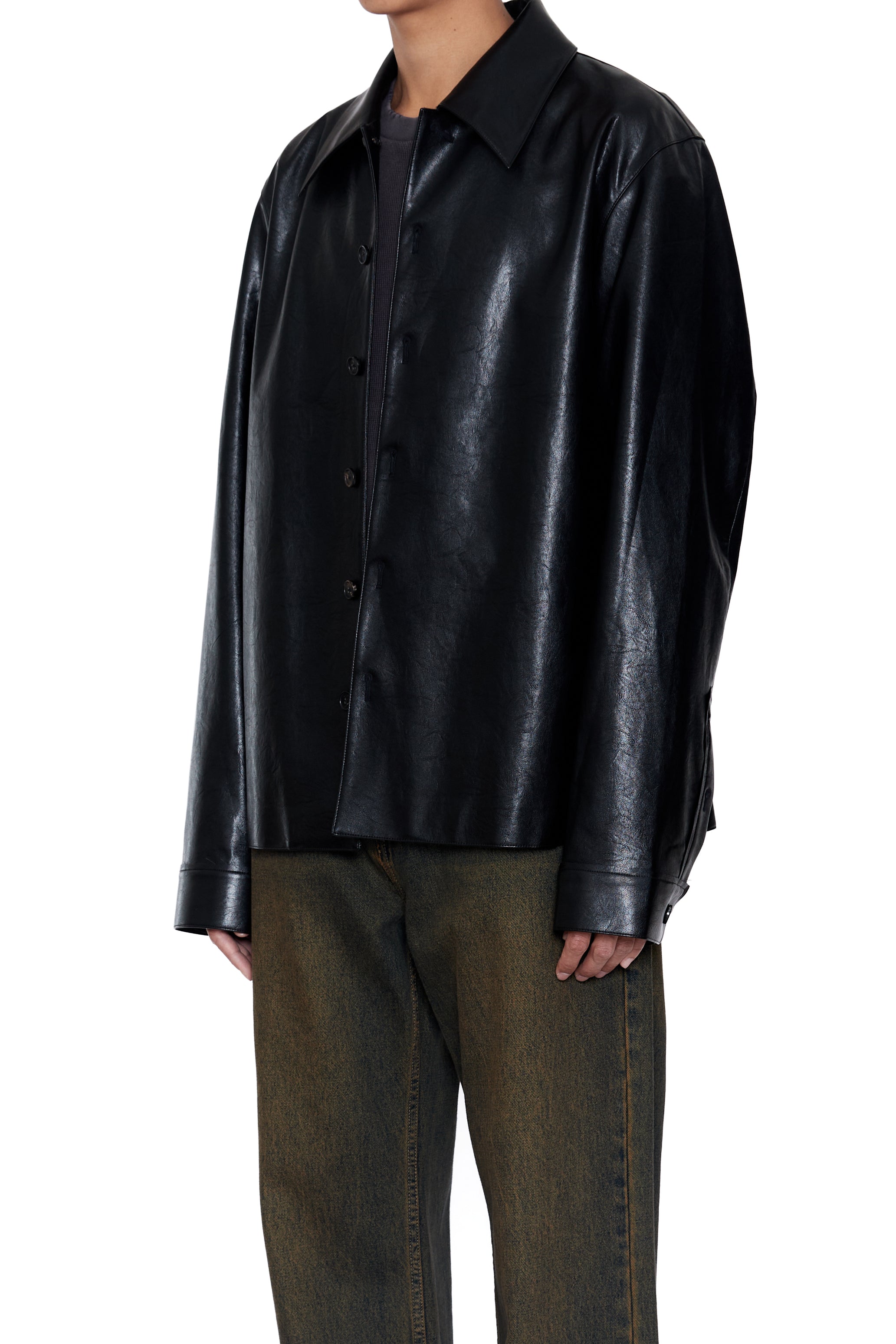 BLACK SYNTHETIC LEATHER CUT OUT TIERED JACKET