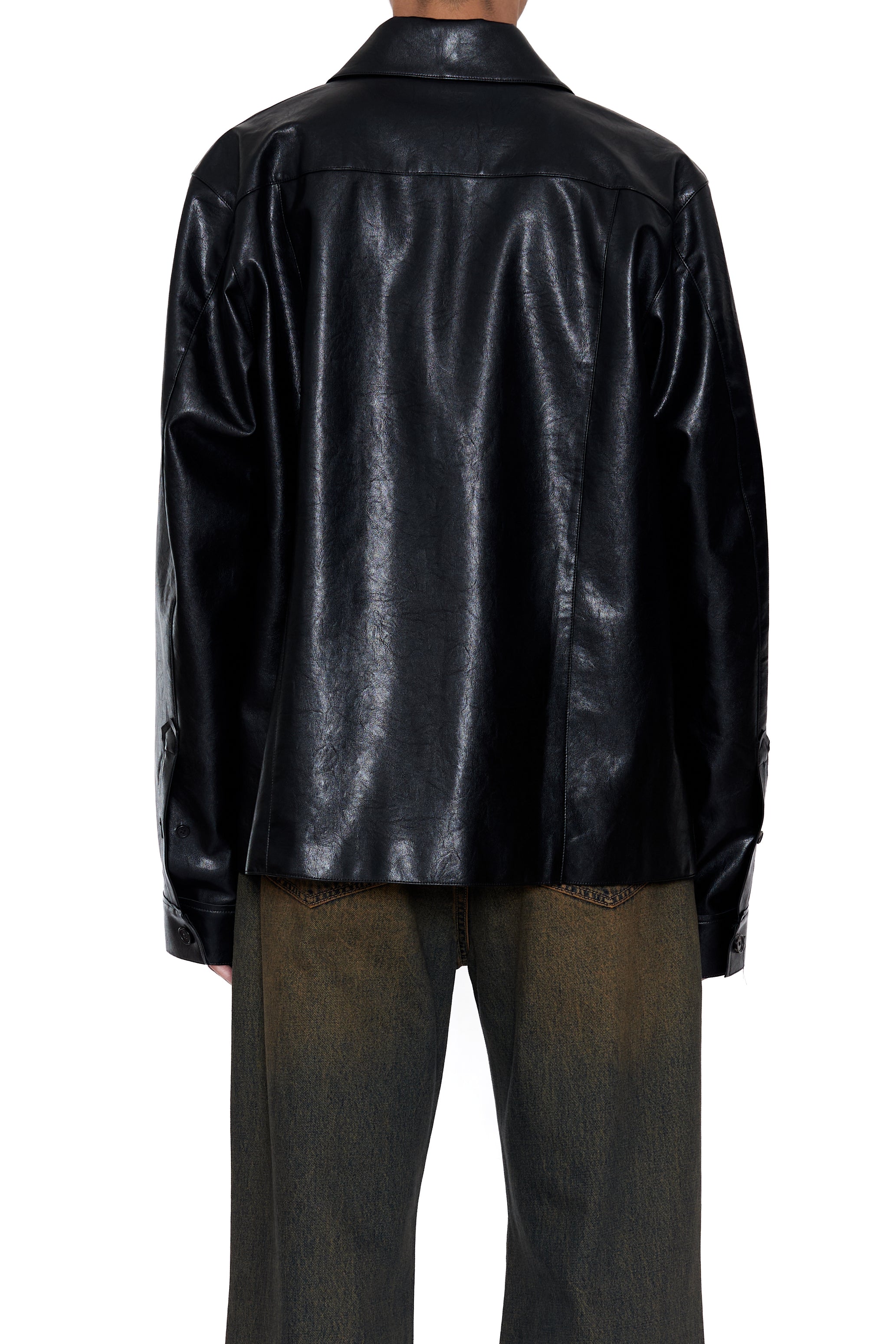 BLACK SYNTHETIC LEATHER CUT OUT TIERED JACKET
