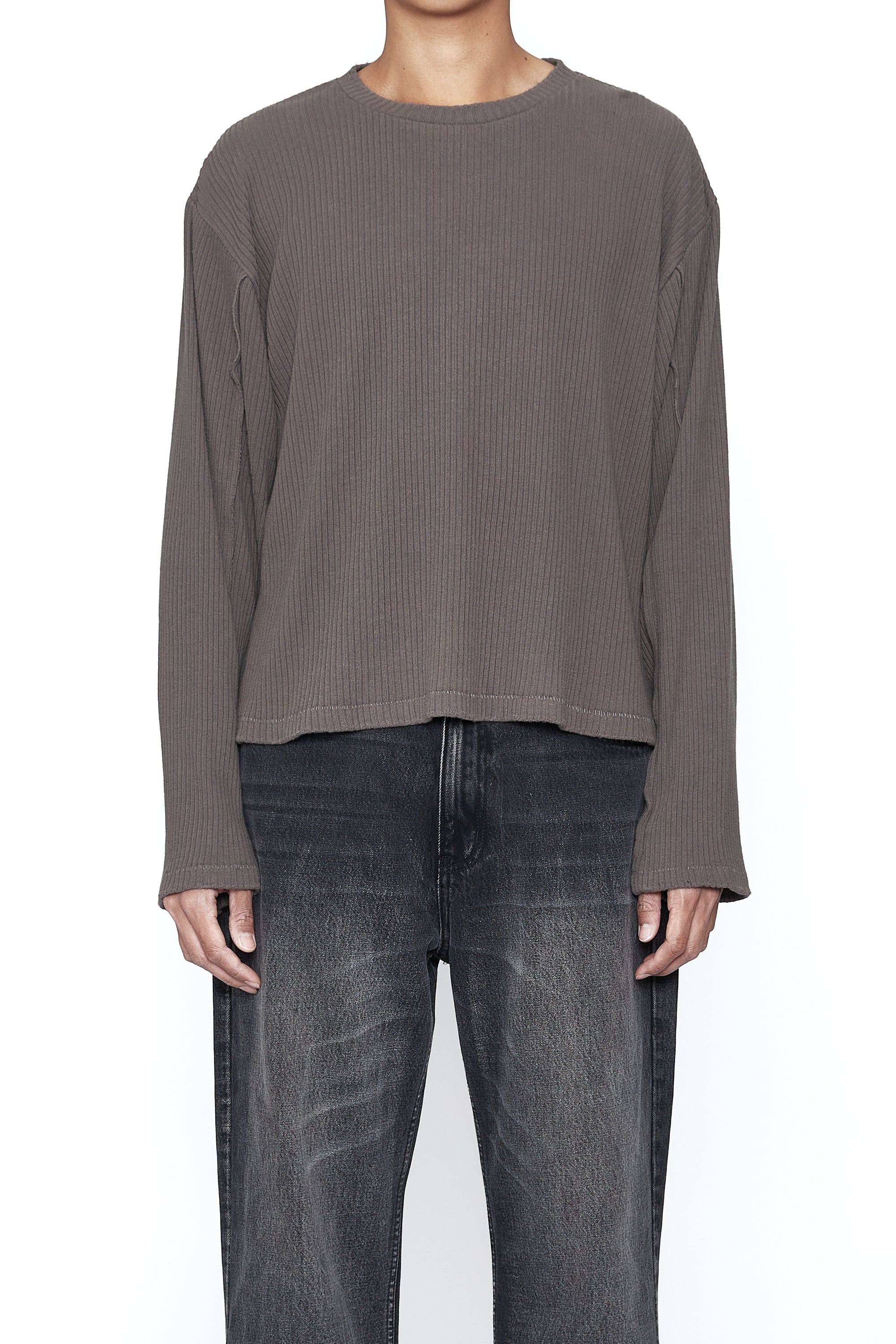 Load image into Gallery viewer, GREY RIB EXPOSED SEAMS LS THRIFT CUT T-SHIRT
