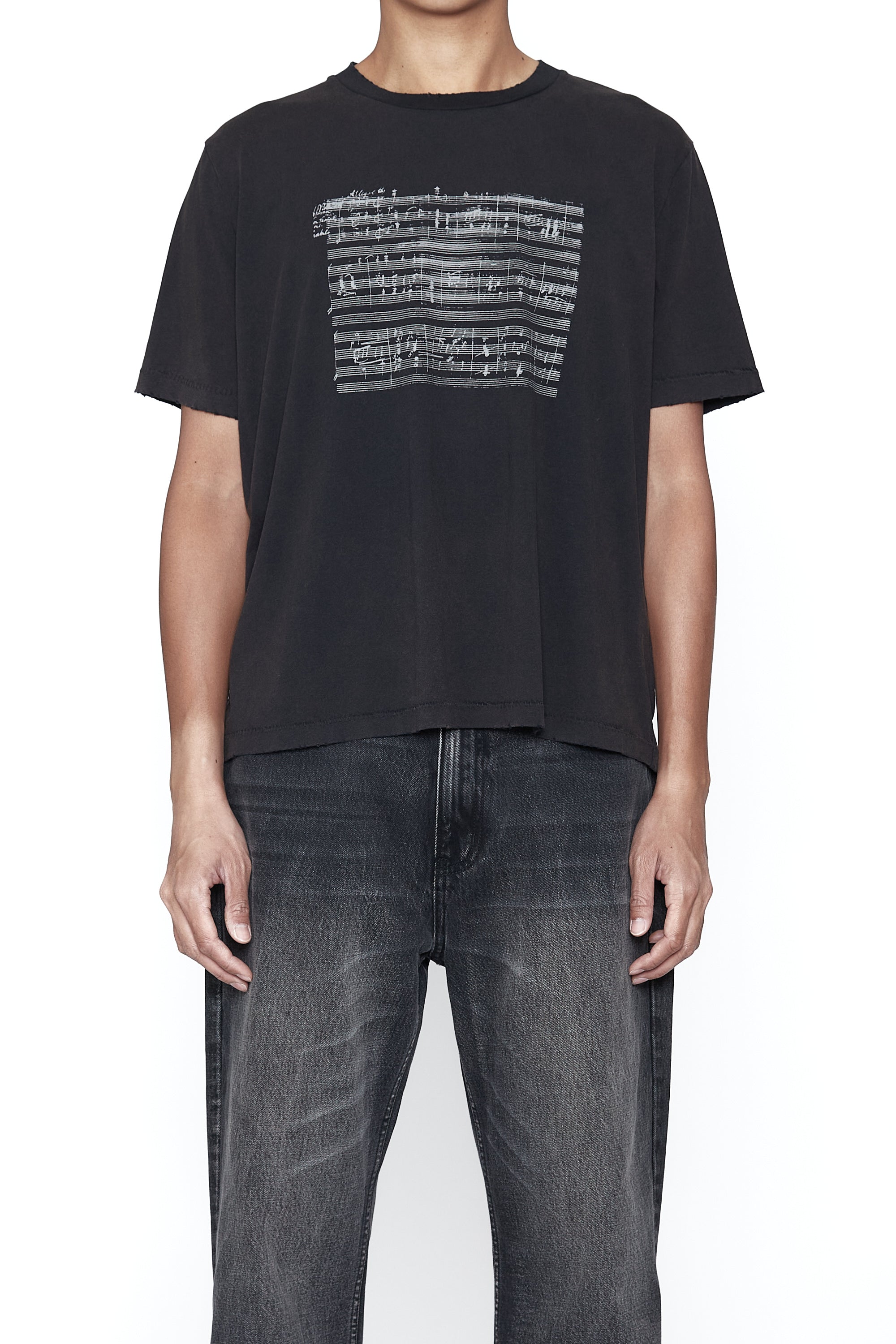 BLACK WASHED MUSIC SHEET PRINTED SS THRIFT CUT T-SHIRT