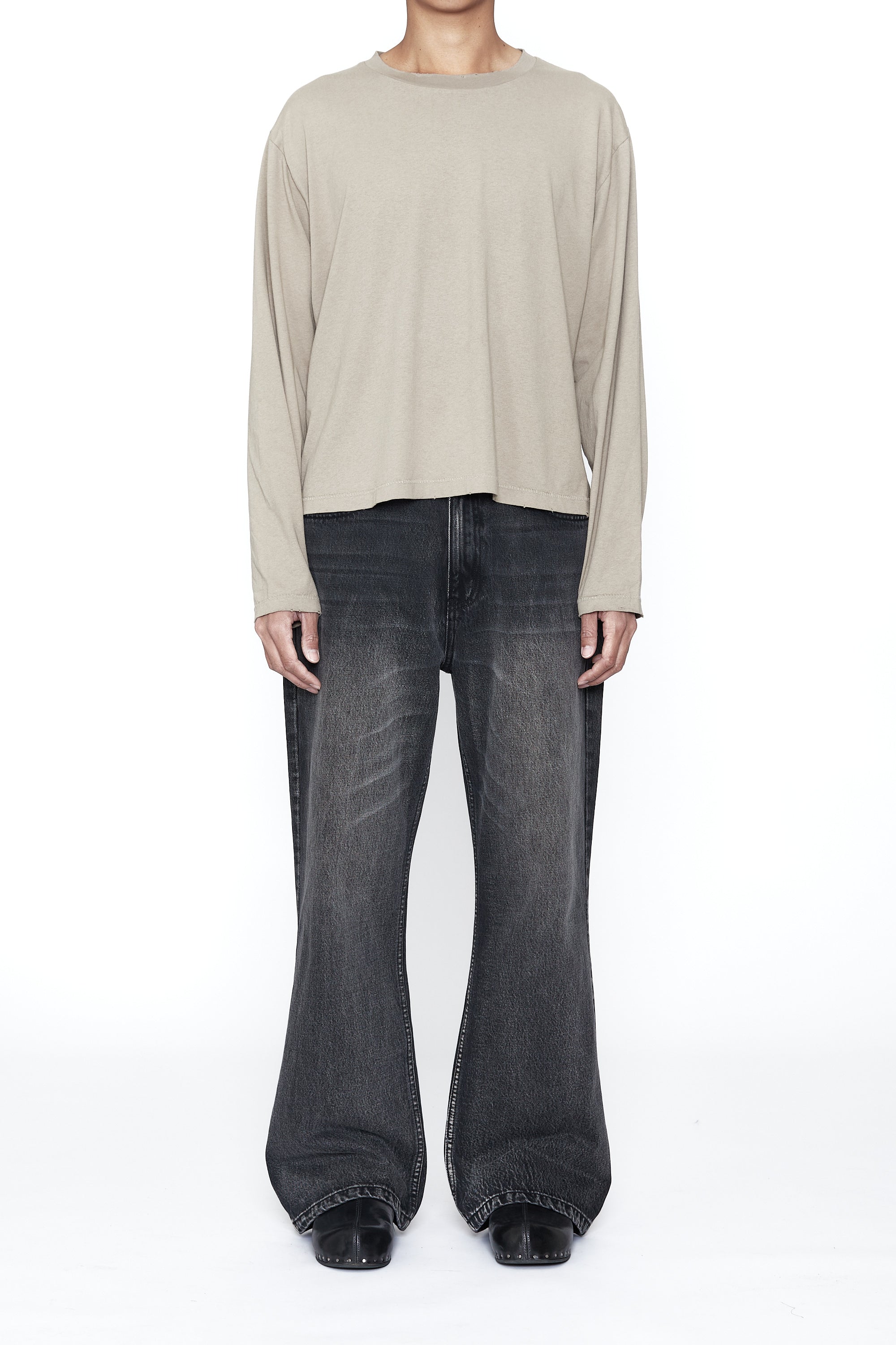 FADED GREY WASHED LS THRIFT CUT T-SHIRT