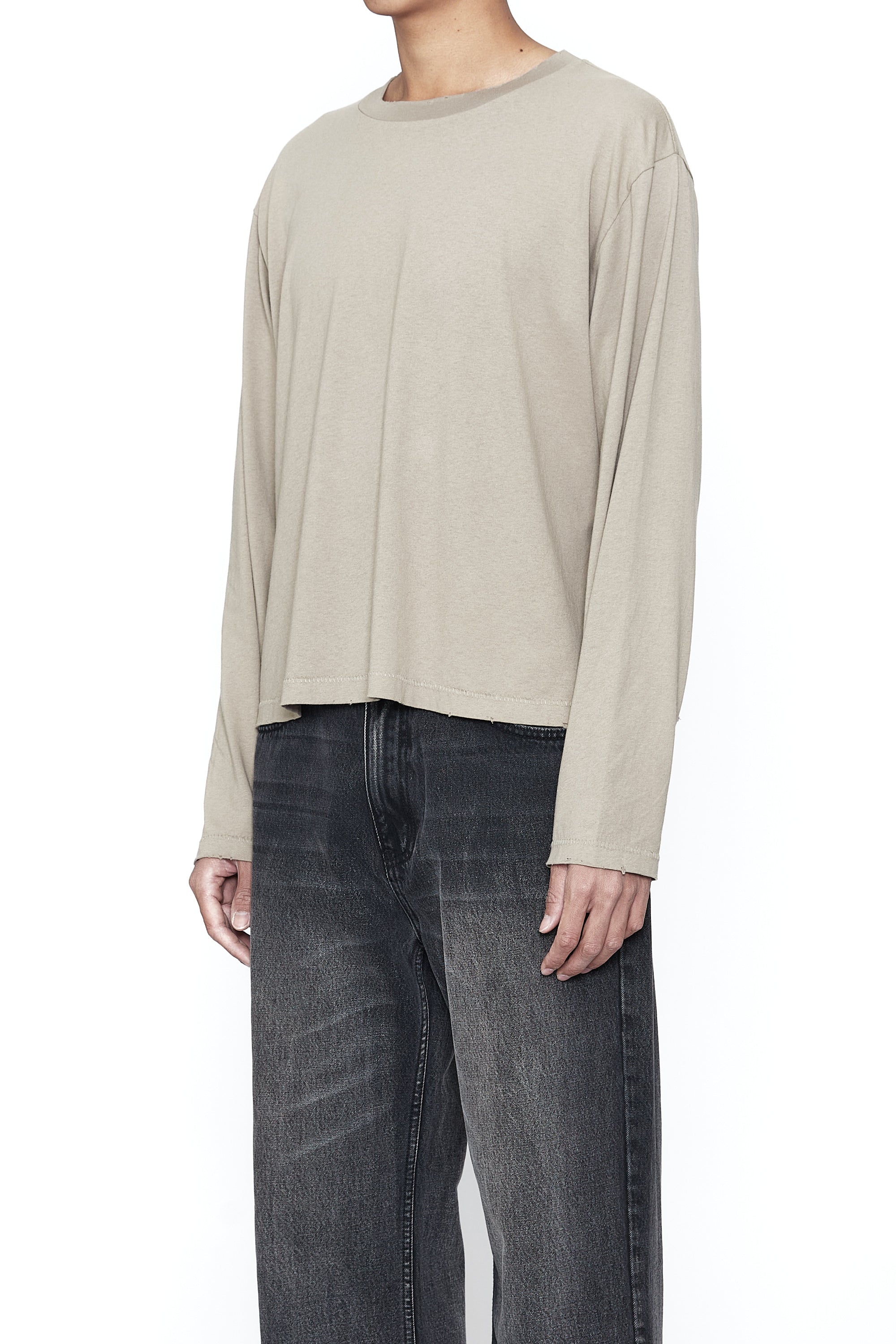 FADED GREY WASHED LS THRIFT CUT T-SHIRT