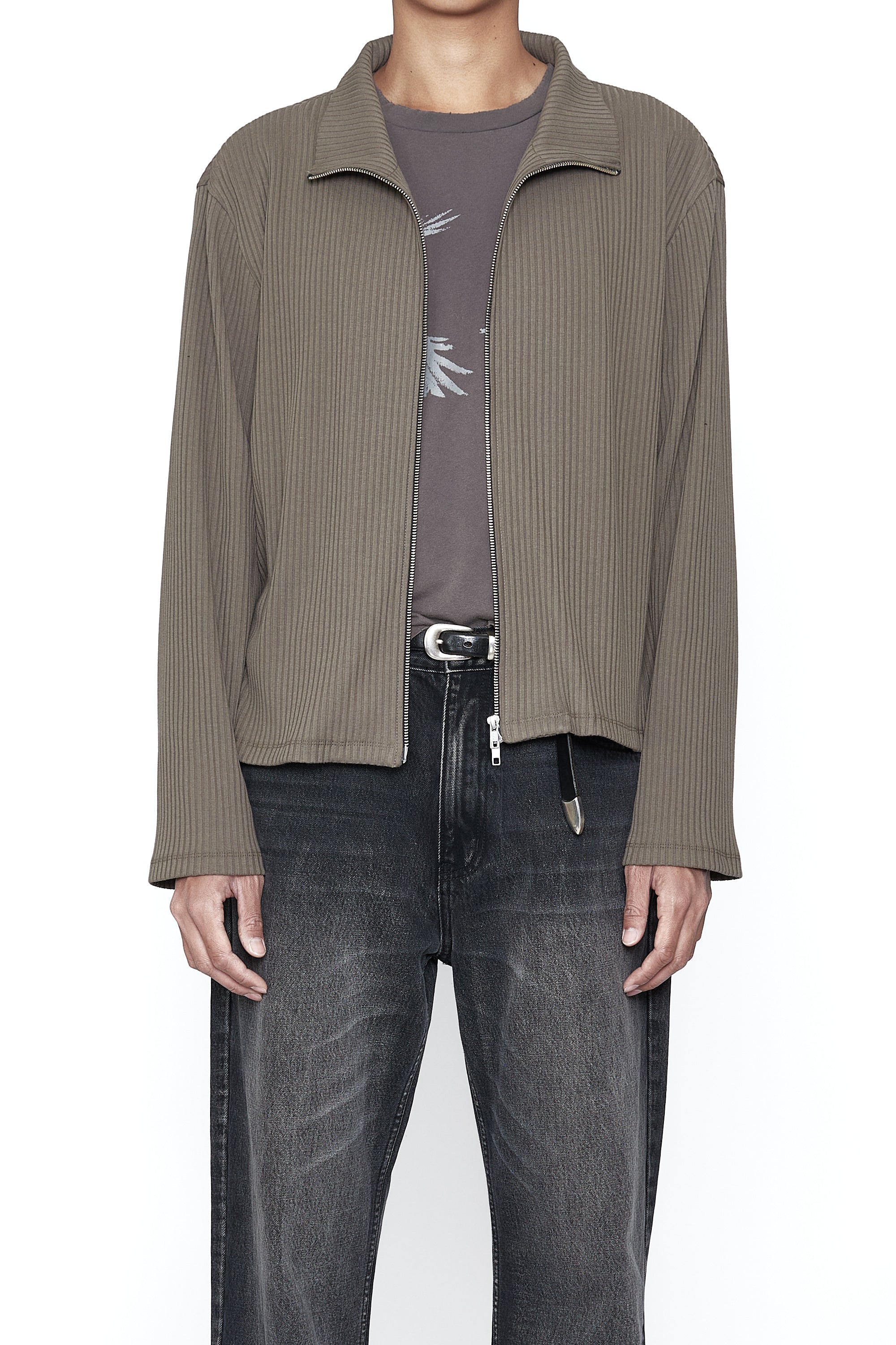 TAUPE RIB HIGH NECK ZIP DRONE JACKET