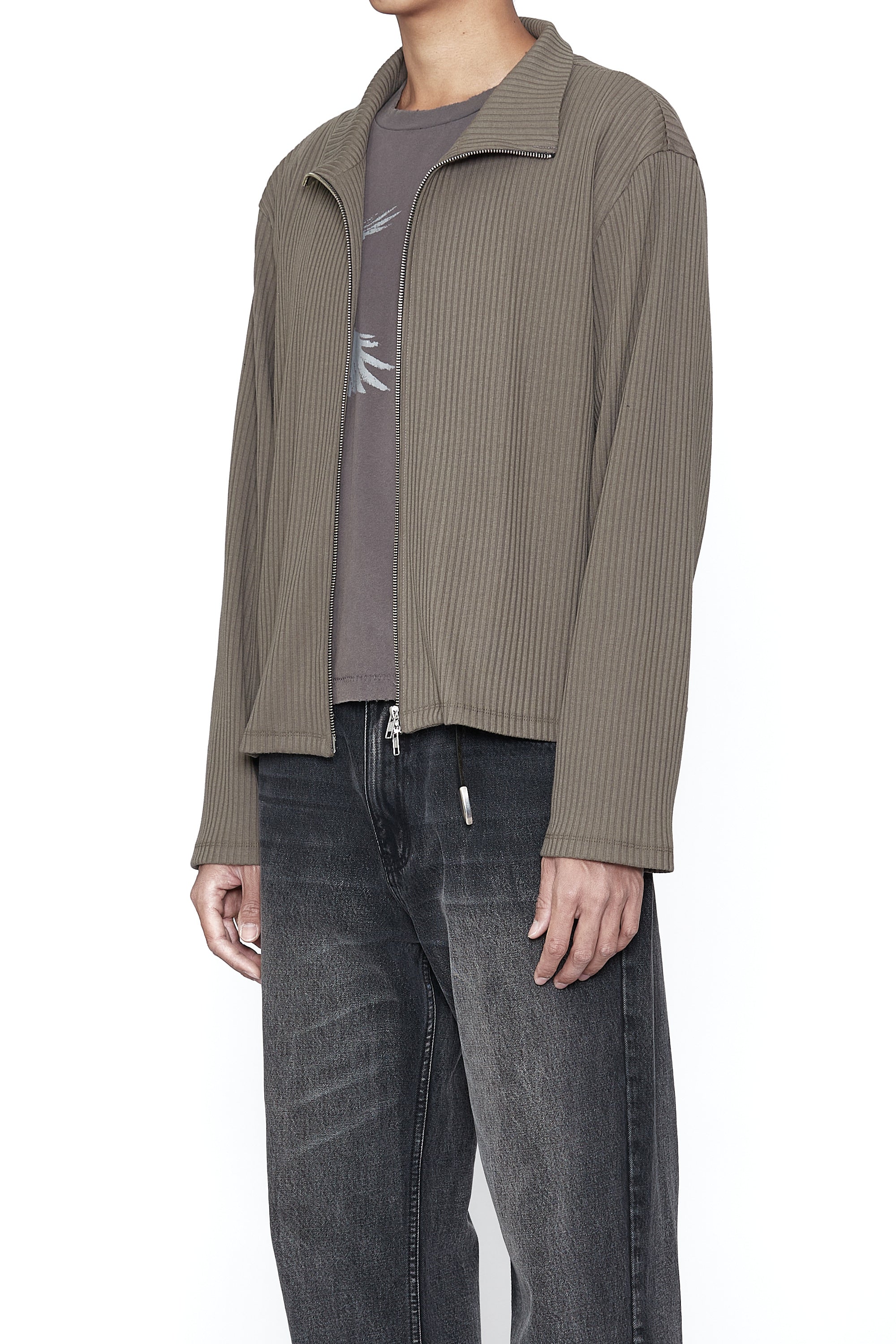 Load image into Gallery viewer, TAUPE RIB HIGH NECK ZIP DRONE JACKET
