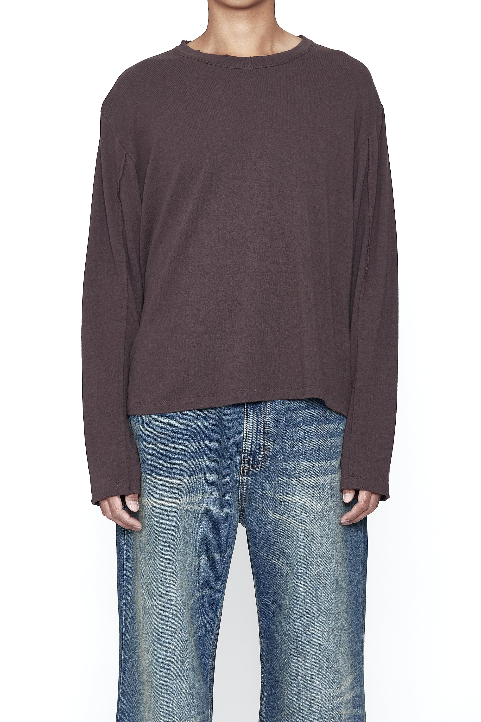 Load image into Gallery viewer, BROWN EXPOSED SEAMS KNIT LS THRIFT CUT T-SHIRT
