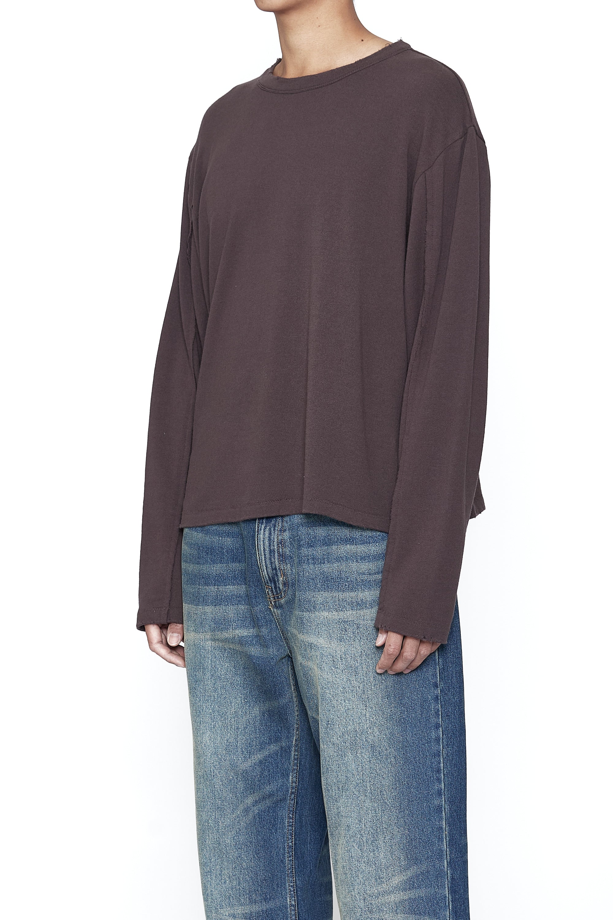 BROWN EXPOSED SEAMS KNIT LS THRIFT CUT T-SHIRT