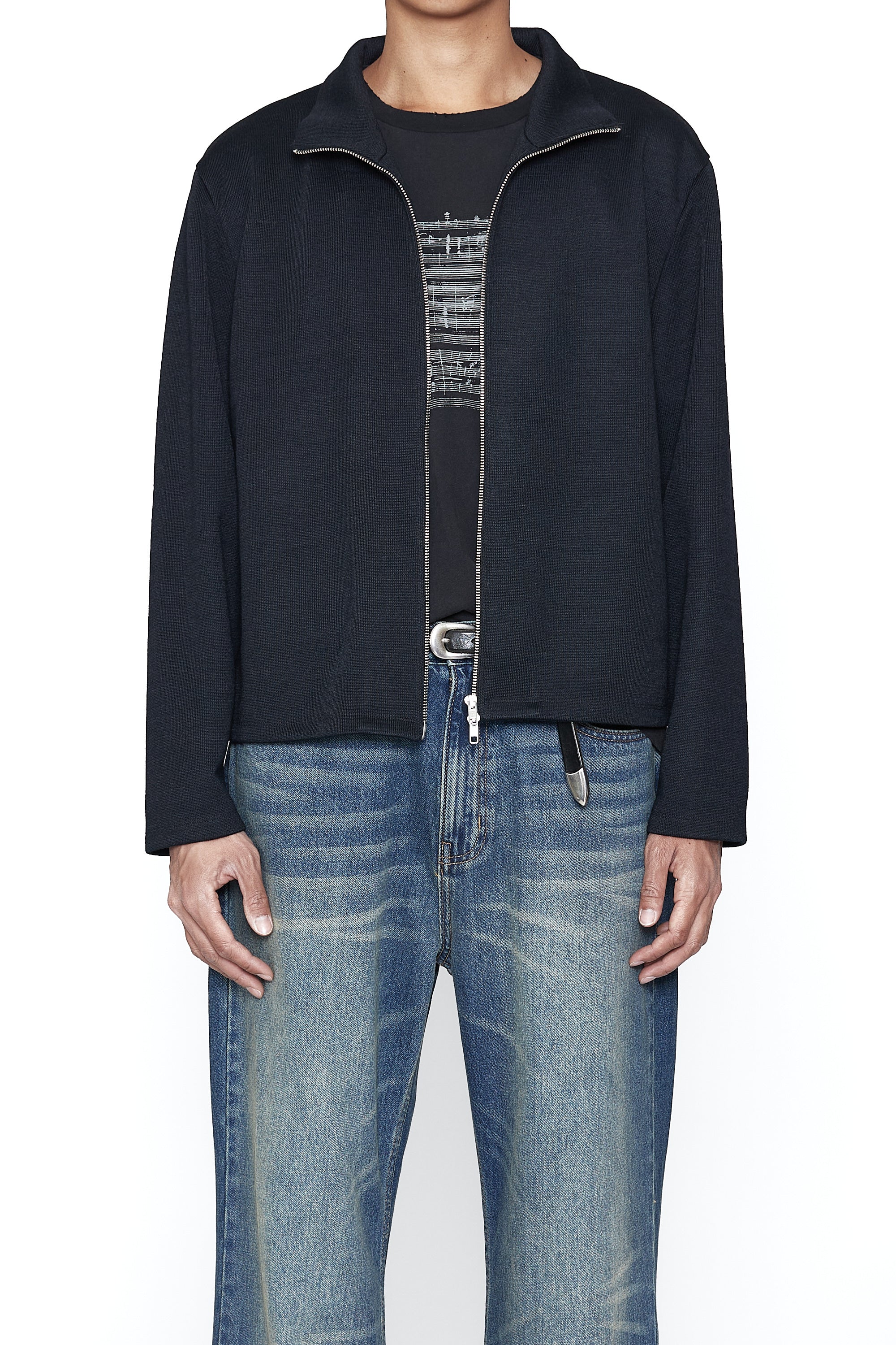 Load image into Gallery viewer, BLACK WOOL KNIT HIGH NECK ZIP DRONE JACKET

