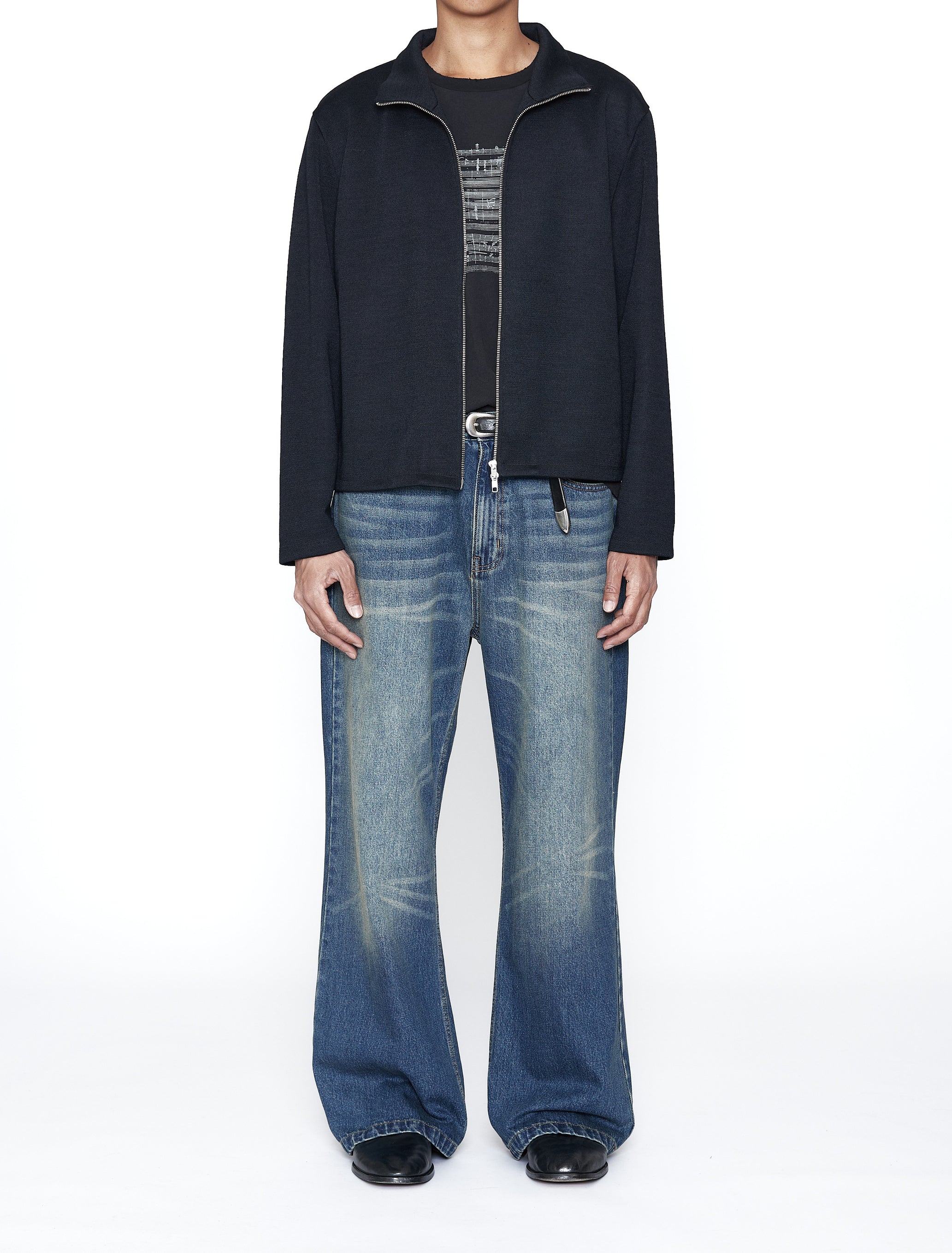 BLACK WOOL KNIT HIGH NECK ZIP DRONE JACKET