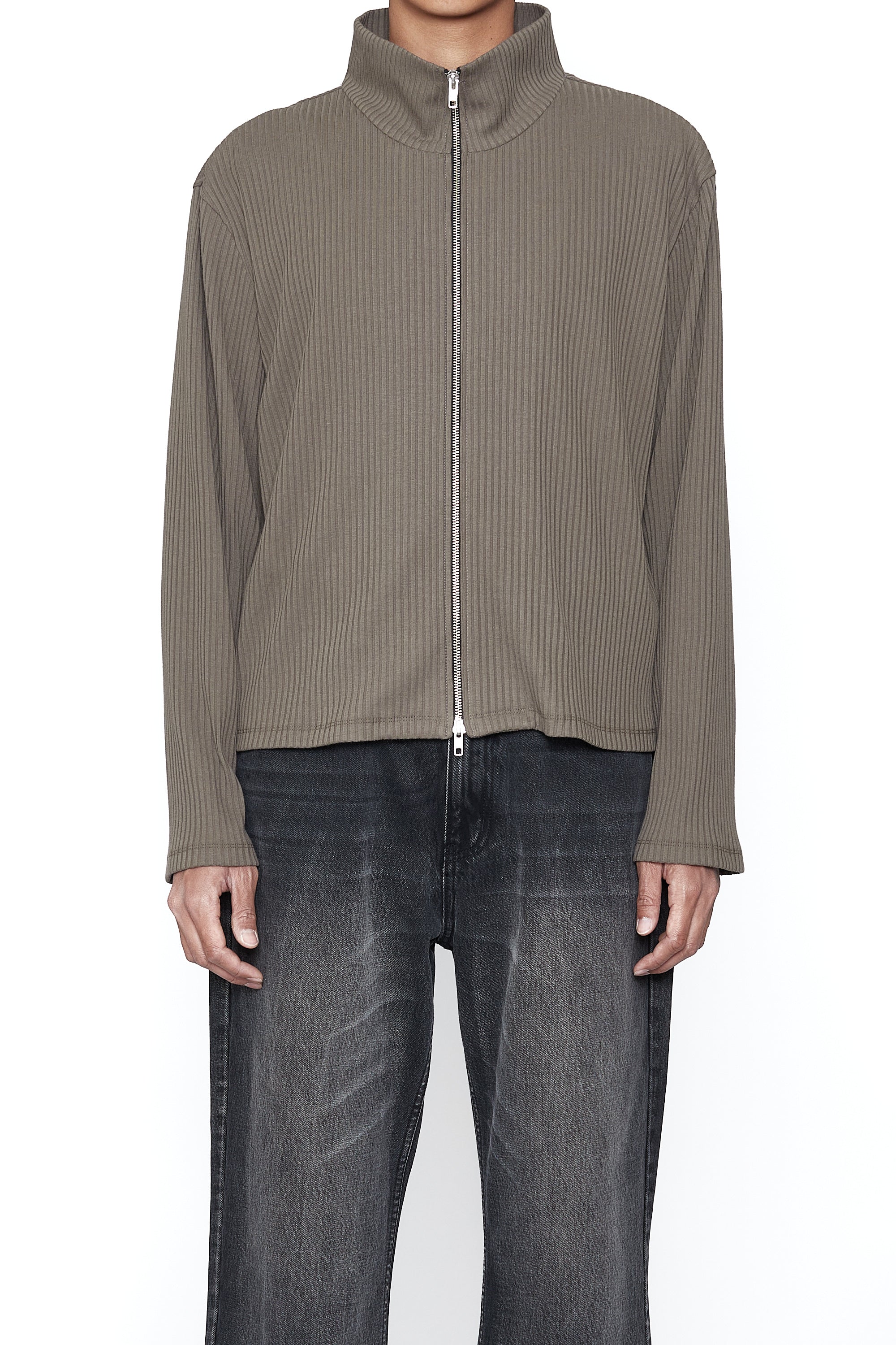Load image into Gallery viewer, TAUPE RIB HIGH NECK ZIP DRONE JACKET
