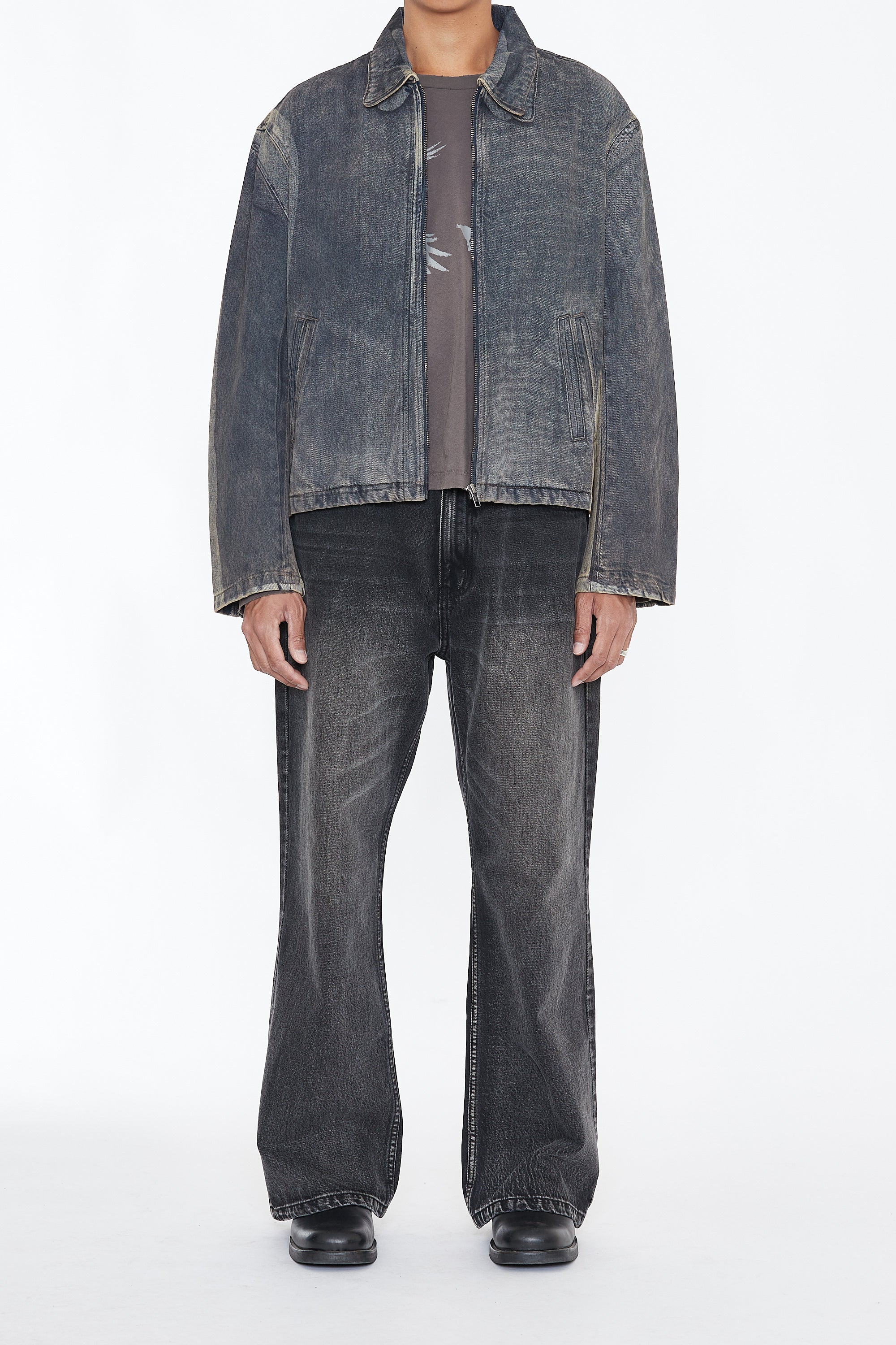 Load image into Gallery viewer, GREY ACID WASHED DUAL EXPOSURE DENIM TILT ZIP JACKET
