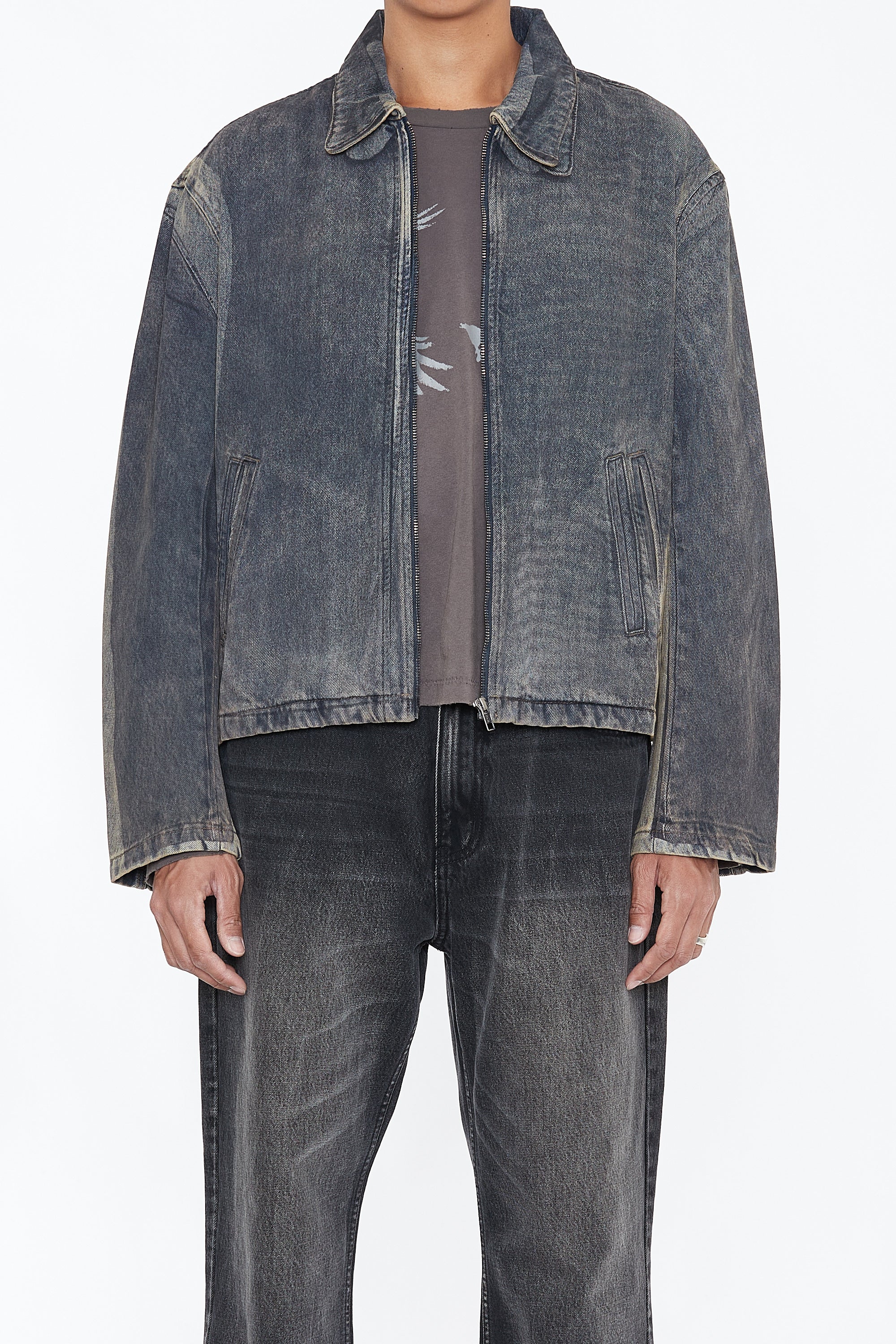 GREY ACID WASHED DUAL EXPOSURE DENIM TILT ZIP JACKET