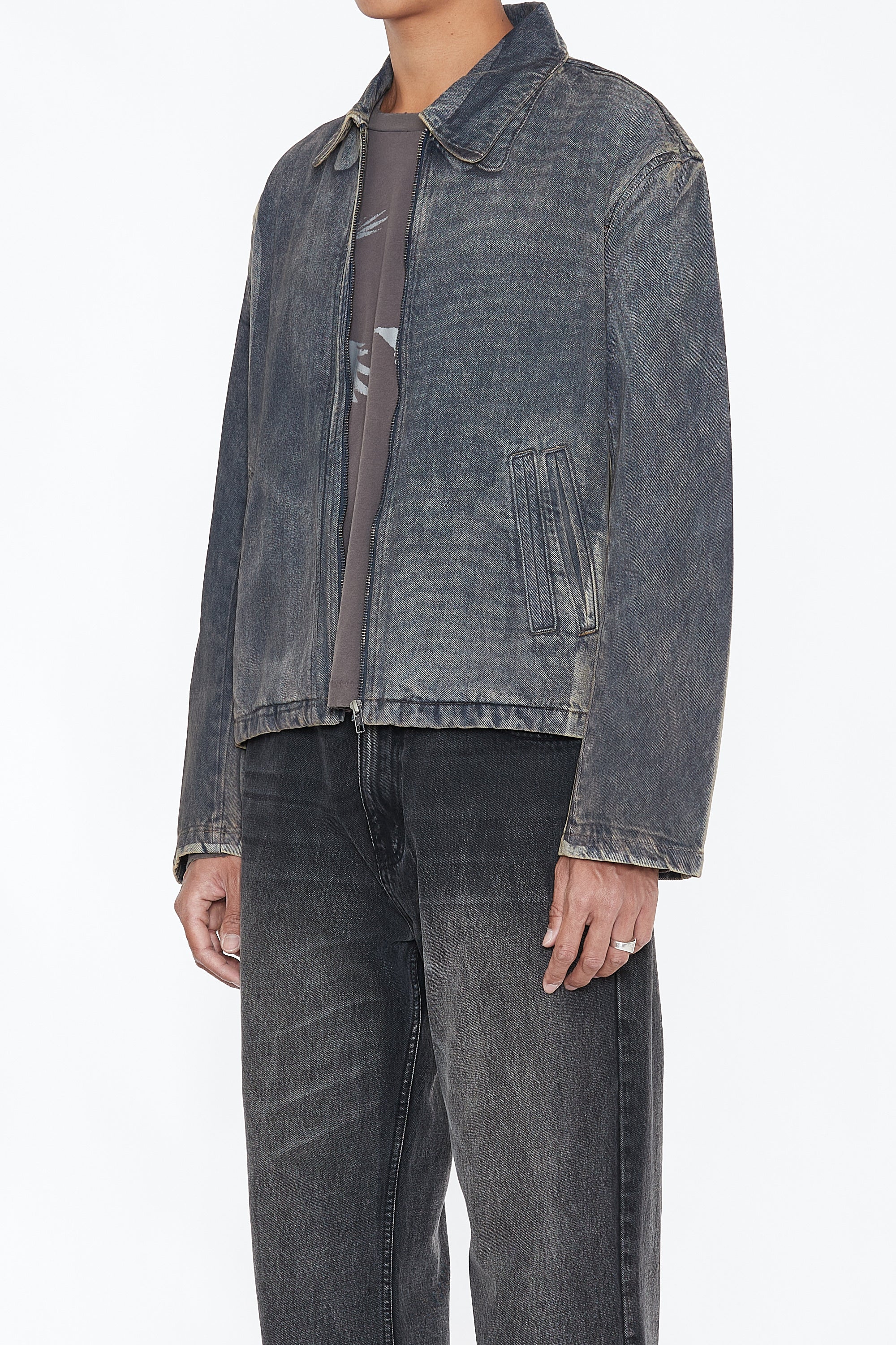 Load image into Gallery viewer, GREY ACID WASHED DUAL EXPOSURE DENIM TILT ZIP JACKET
