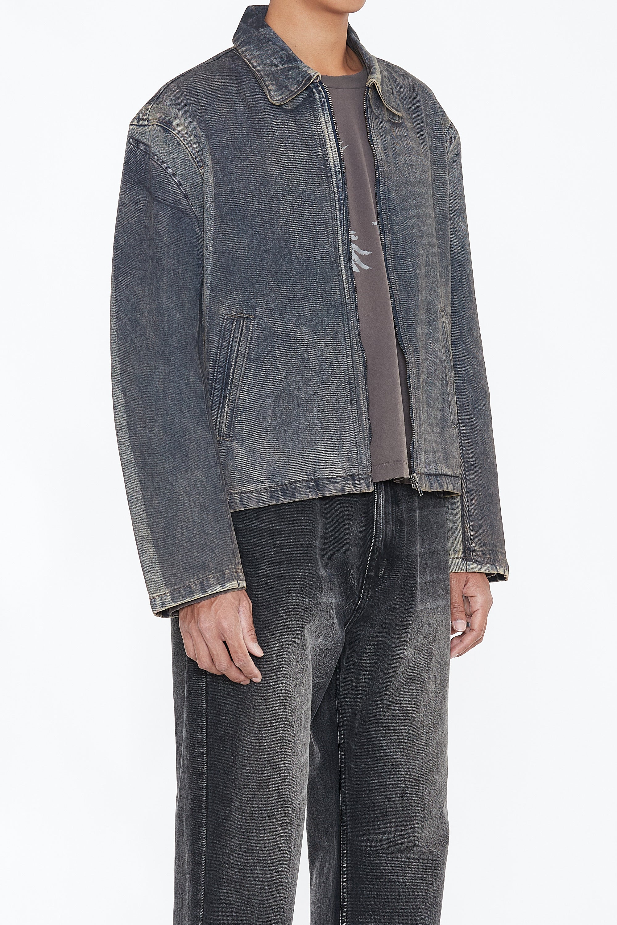Load image into Gallery viewer, GREY ACID WASHED DUAL EXPOSURE DENIM TILT ZIP JACKET
