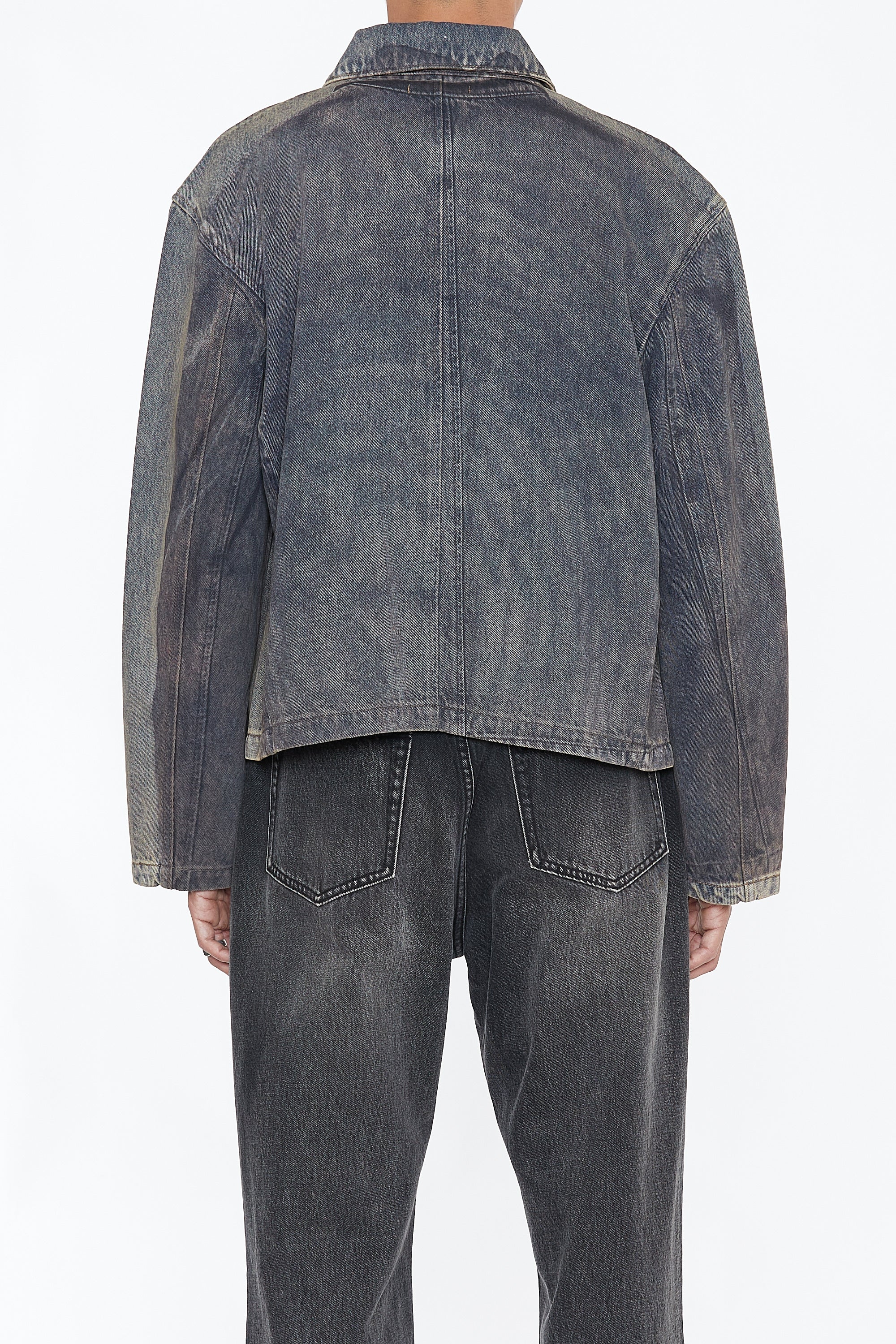 Load image into Gallery viewer, GREY ACID WASHED DUAL EXPOSURE DENIM TILT ZIP JACKET
