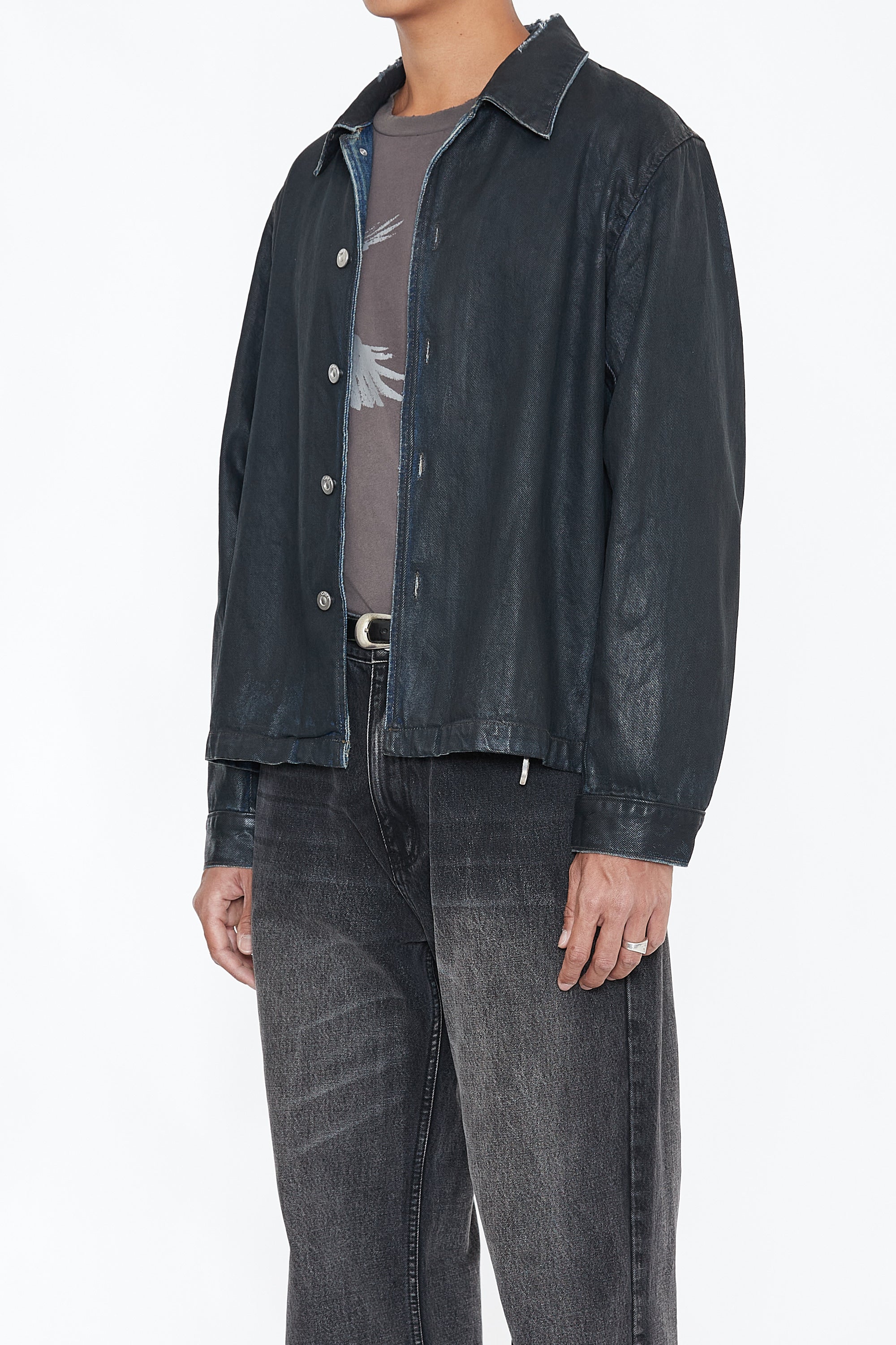 WAXED OFFSET DENIM TIERED JACKET