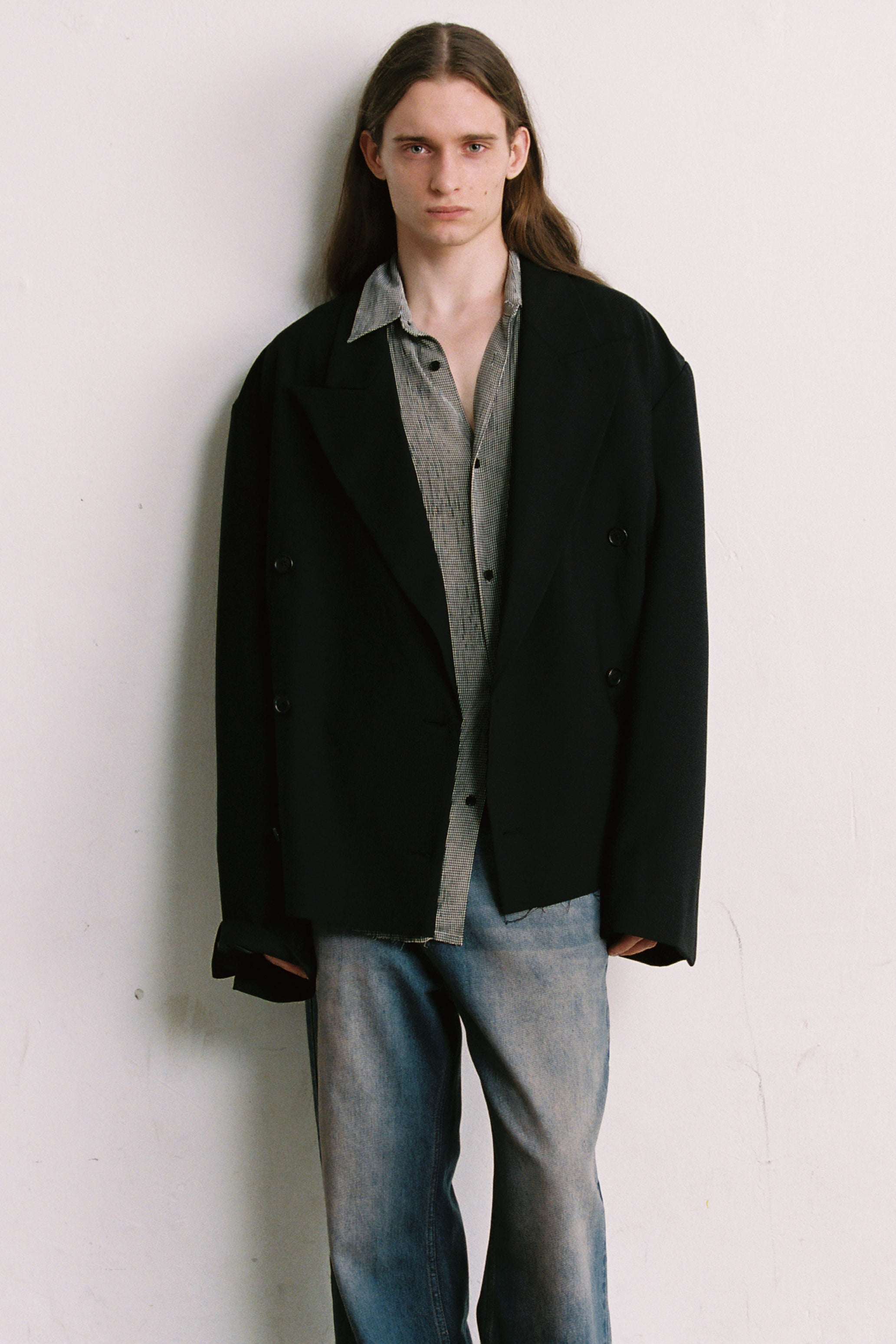 BLACK WOOL CUT OFF DOUBLE BREASTED LENTO BLAZER