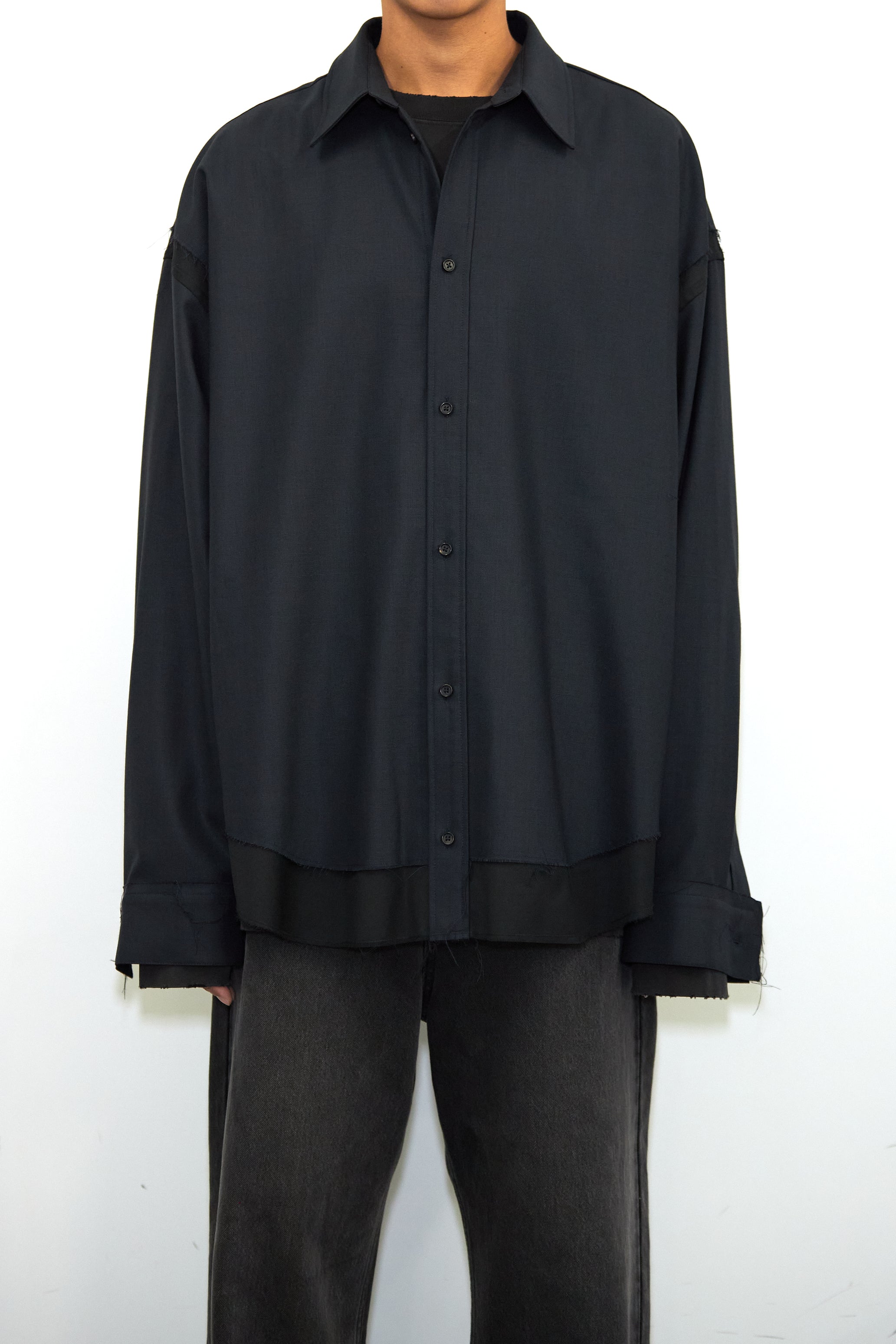 NAVY WOOL RAW EDGES HYBRID SHIRT