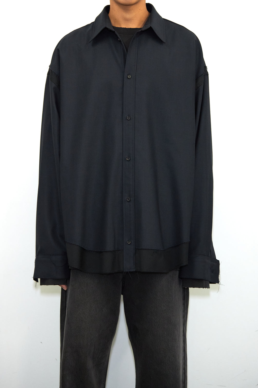 NAVY WOOL RAW EDGES HYBRID SHIRT