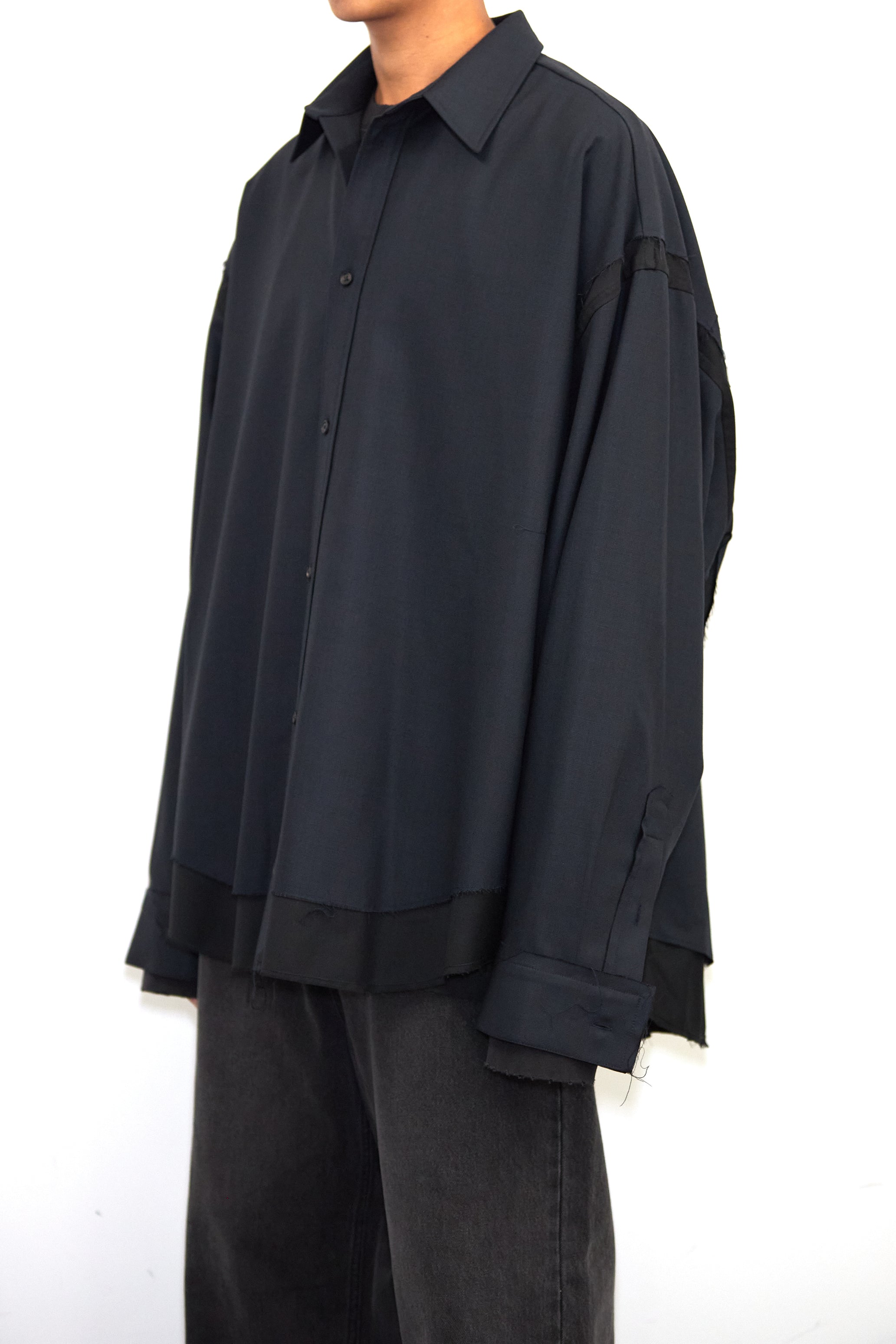NAVY WOOL RAW EDGES HYBRID SHIRT