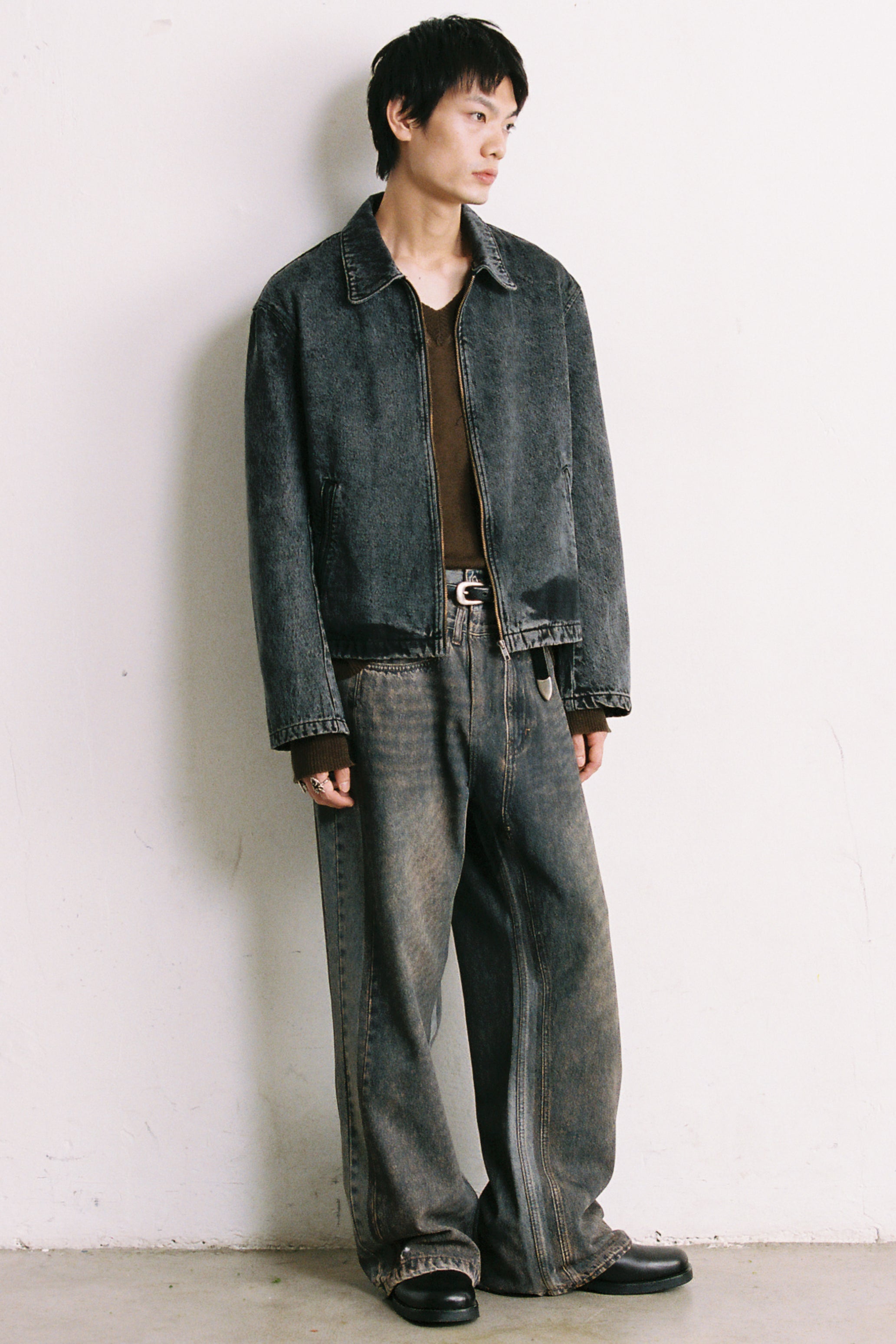 BLACK ACID WASHED DENIM TILT ZIP JACKET