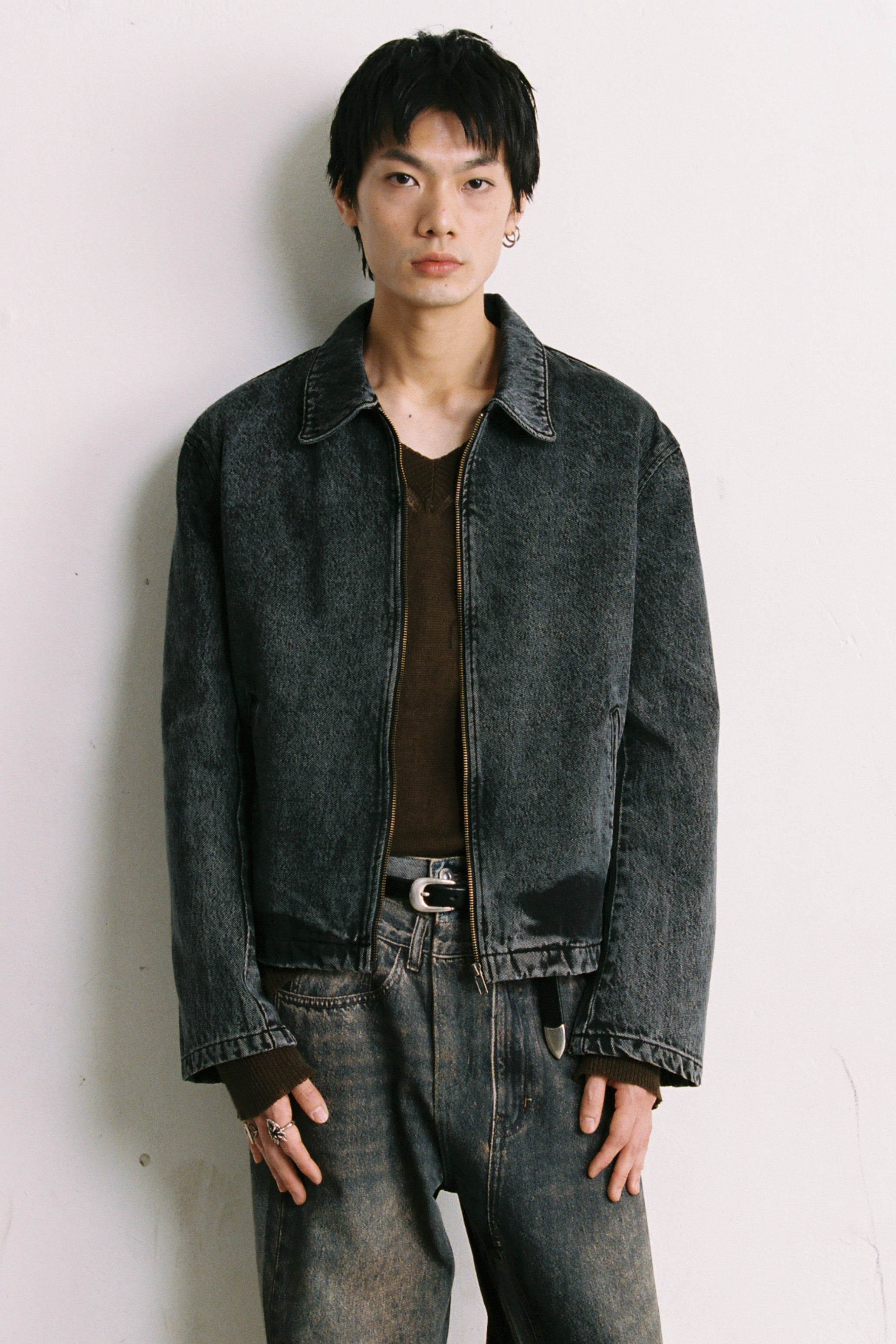 BLACK ACID WASHED DENIM TILT ZIP JACKET