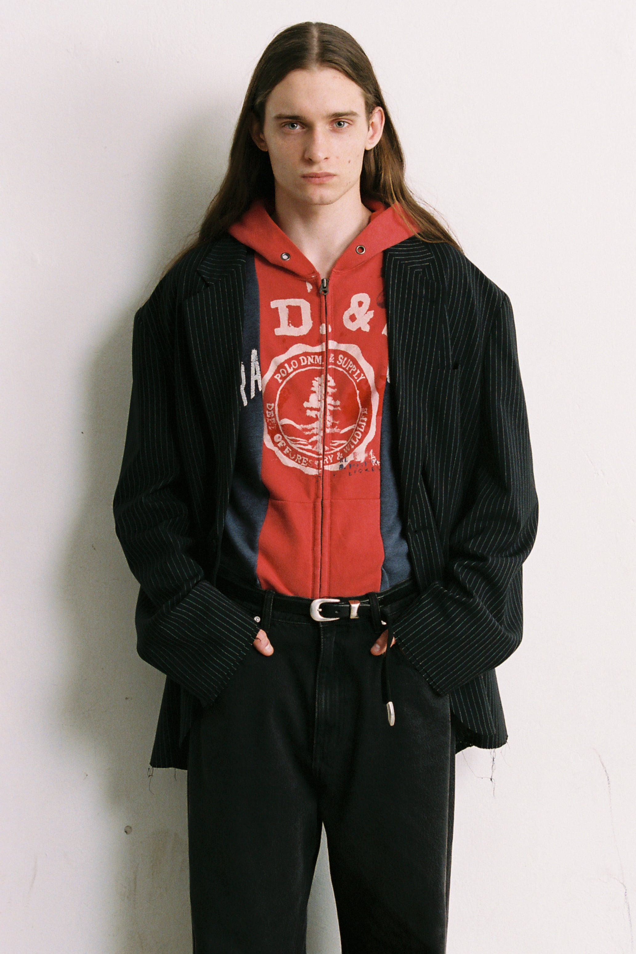 BLACK STRIPED WOOL POLY OVERSIZED DISTRESSED BLAZER