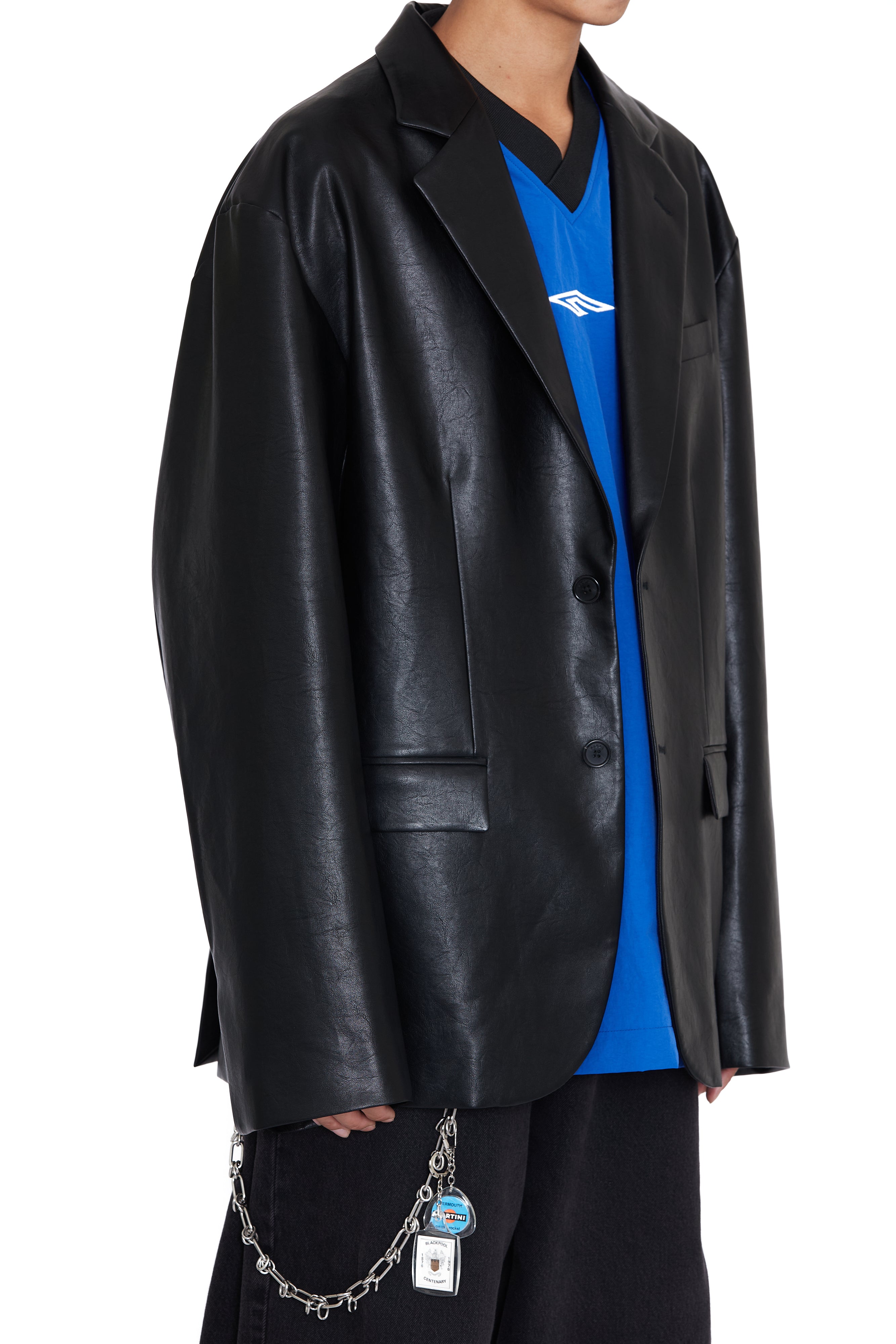 Load image into Gallery viewer, BLACK SYNTHETIC LEATHER OVERSIZED DEMOLISHED BLAZER
