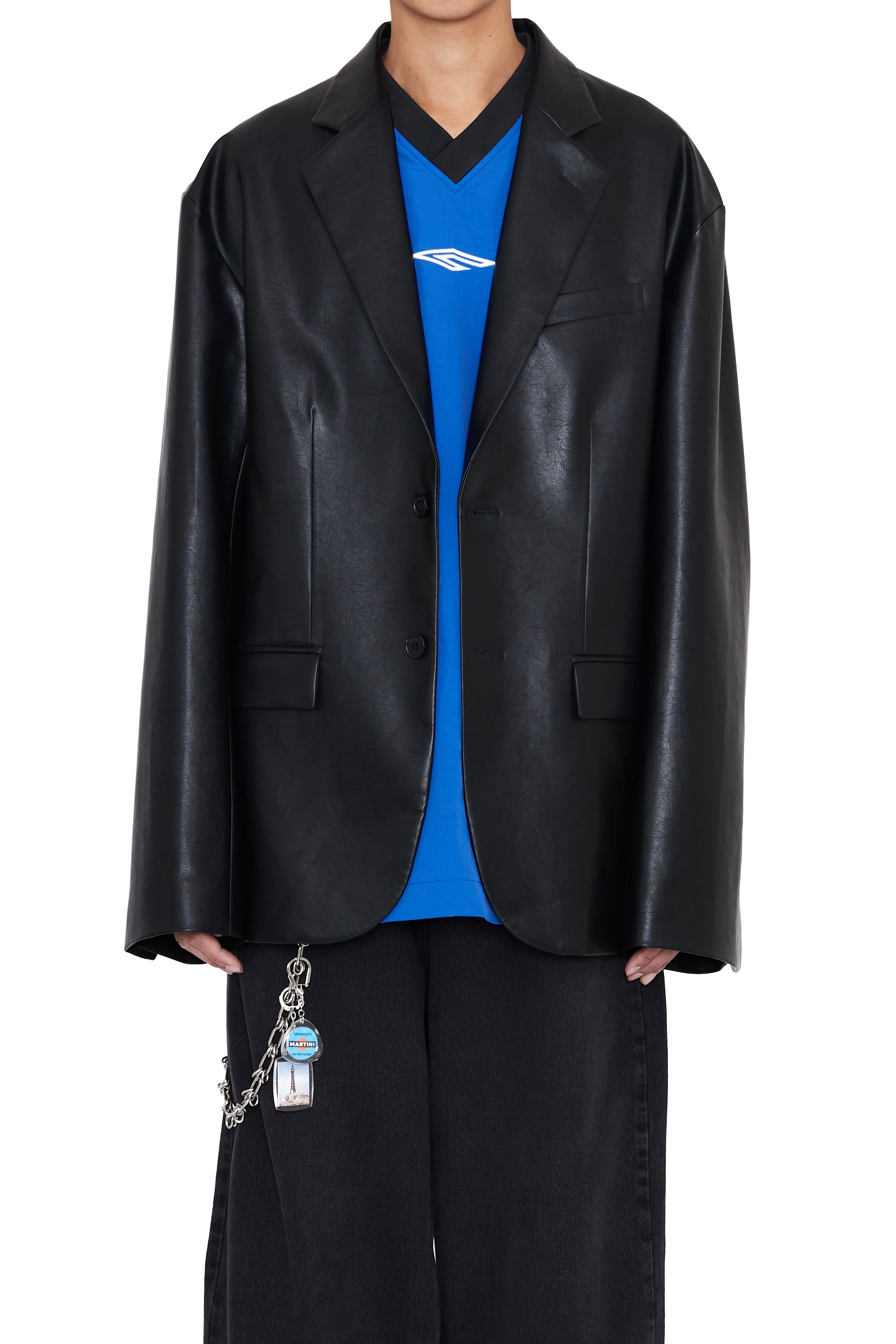 Load image into Gallery viewer, BLACK SYNTHETIC LEATHER OVERSIZED DEMOLISHED BLAZER
