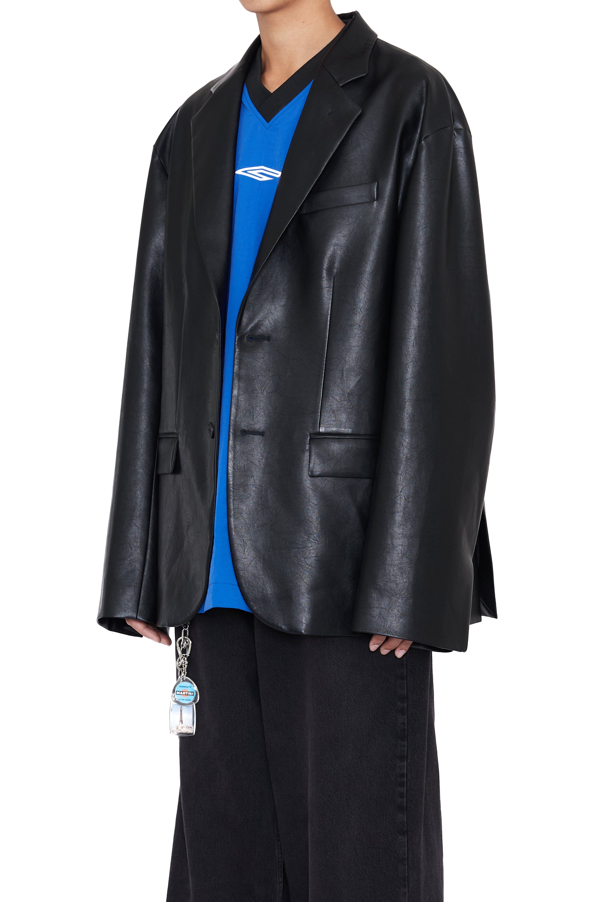 BLACK SYNTHETIC LEATHER OVERSIZED DEMOLISHED BLAZER