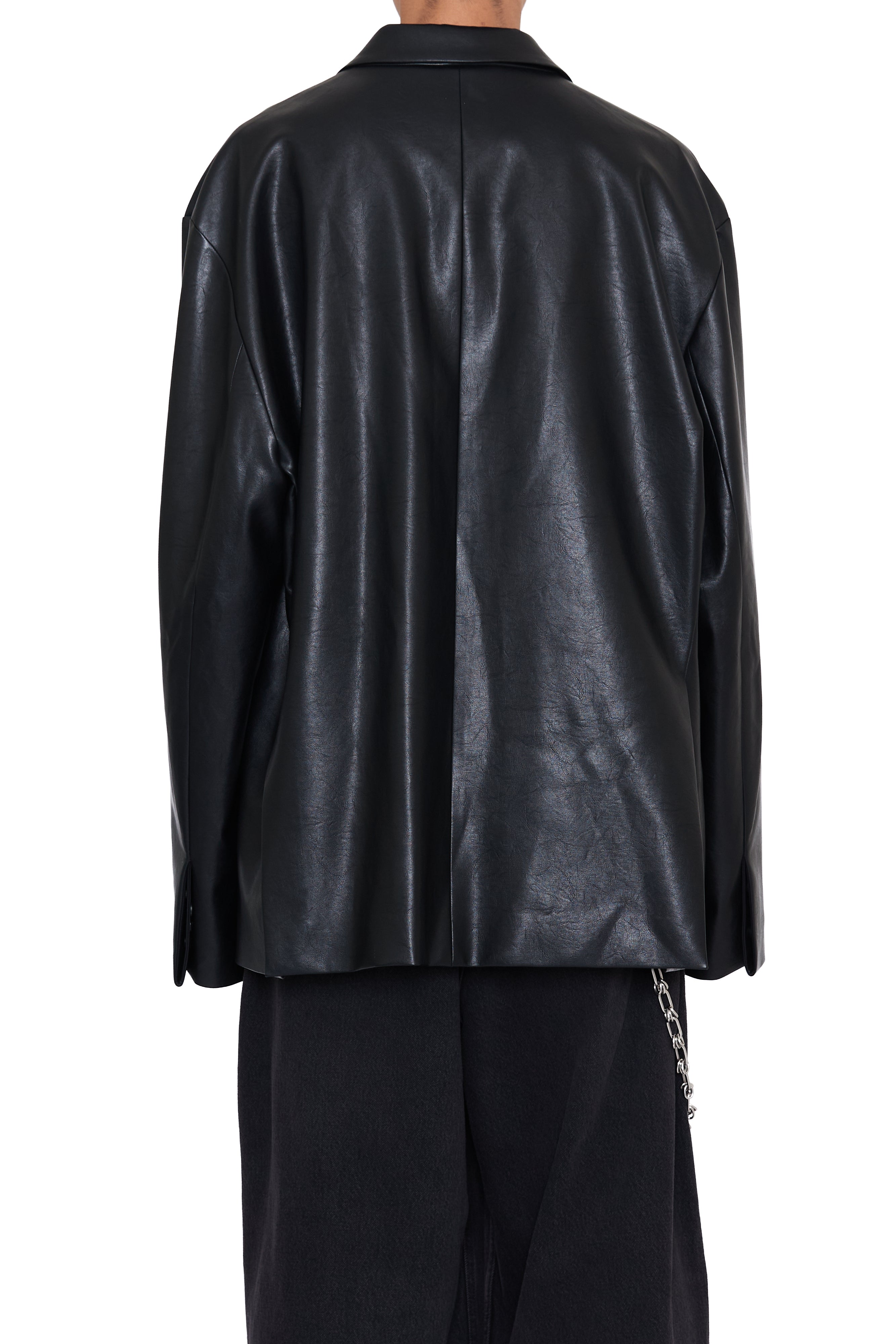 Load image into Gallery viewer, BLACK SYNTHETIC LEATHER OVERSIZED DEMOLISHED BLAZER
