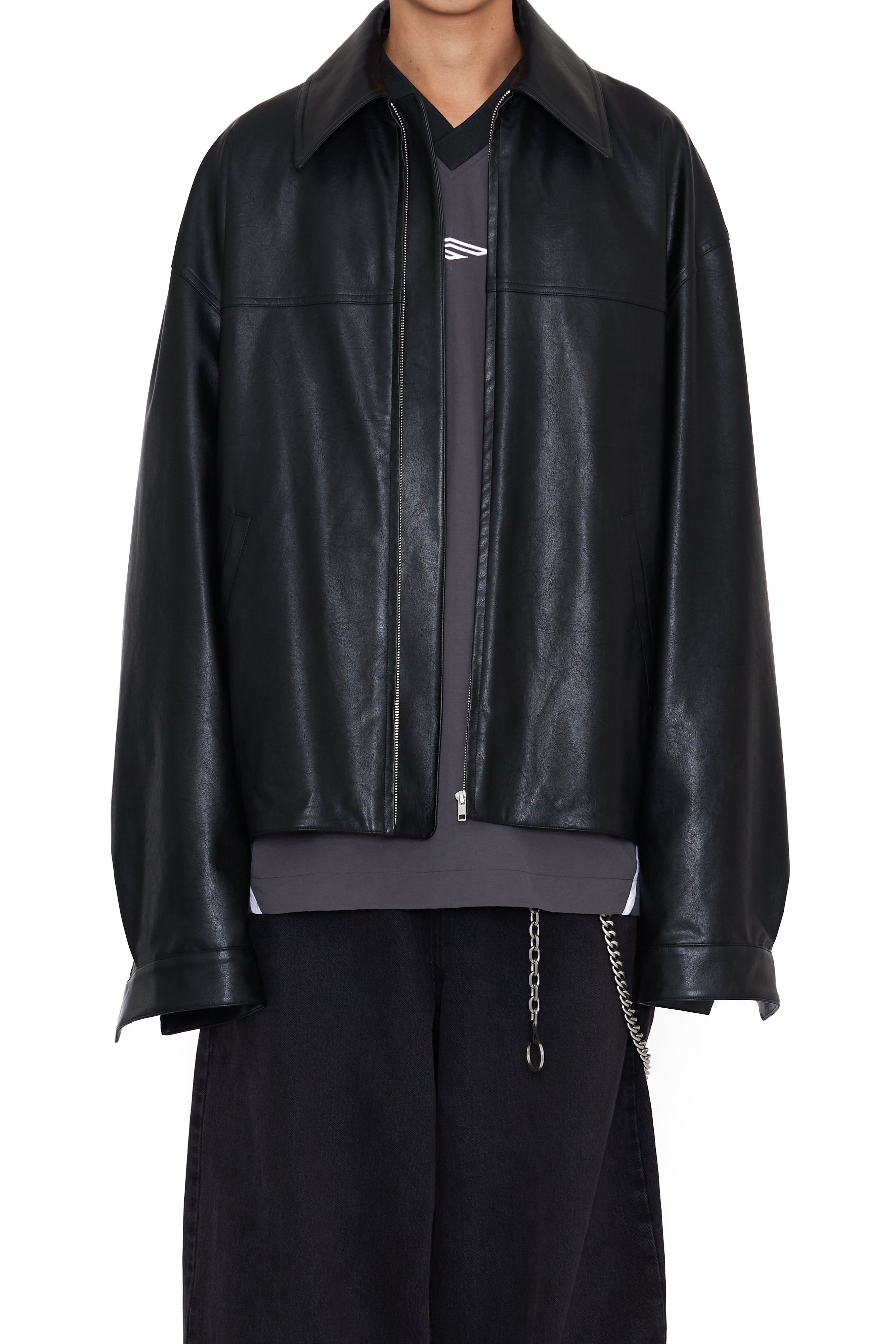 Load image into Gallery viewer, BLACK SYNTHEITC LEATHER SLANT JACKET
