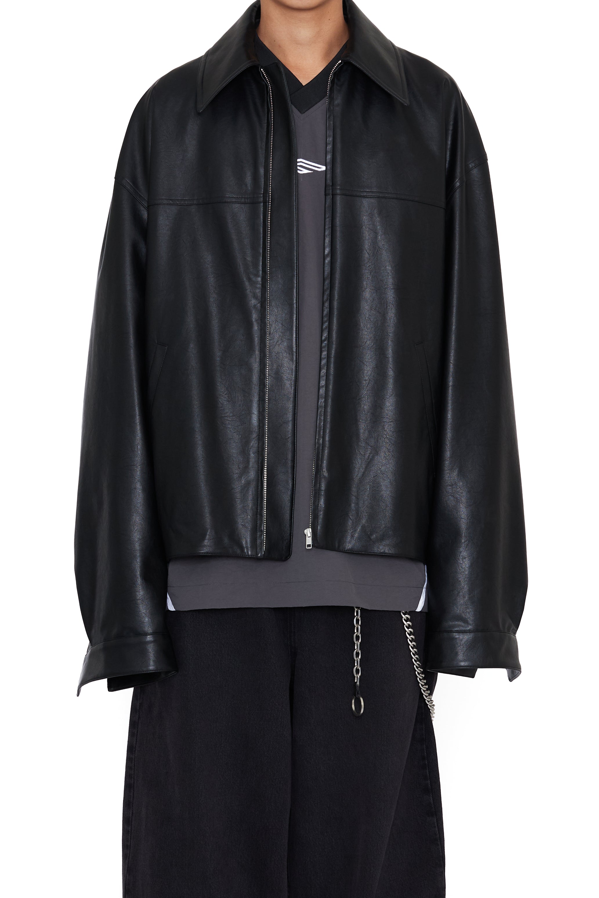 BLACK SYNTHEITC LEATHER SLANT JACKET