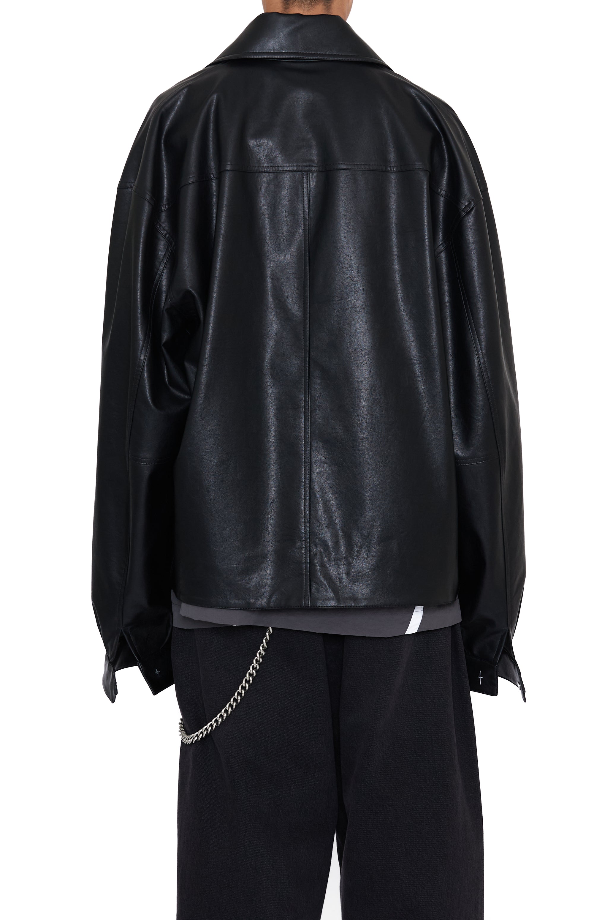 BLACK SYNTHEITC LEATHER SLANT JACKET